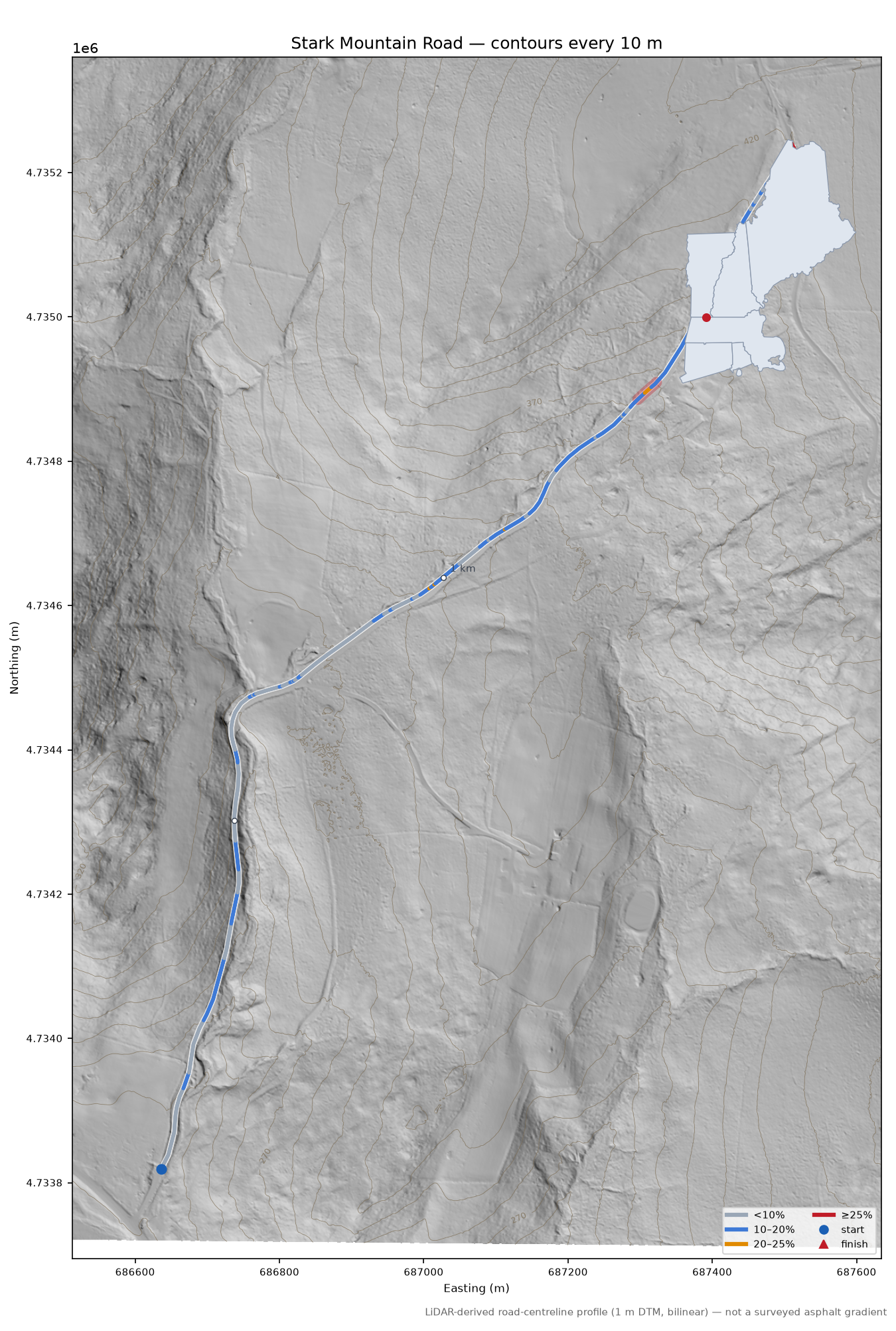 Stark Mountain Road LiDAR hillshade map with contours