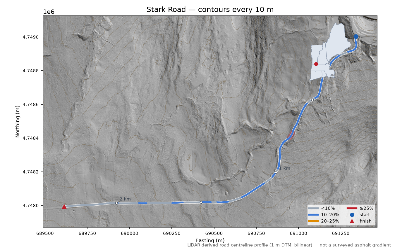 Stark Road LiDAR hillshade map with contours
