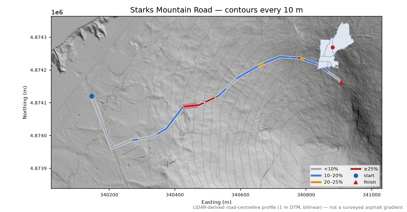 Starks Mountain Road LiDAR hillshade map with contours