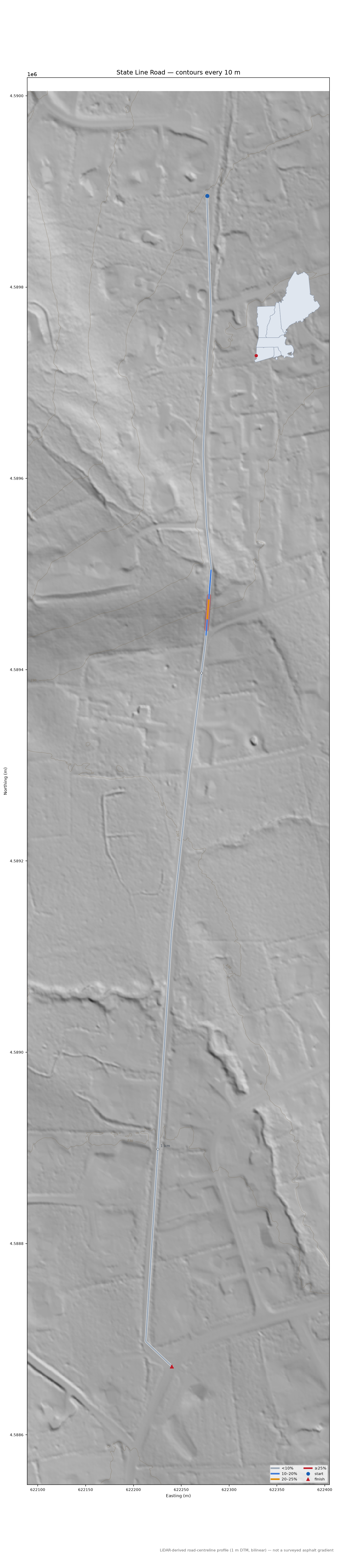 State Line Road LiDAR hillshade map with contours