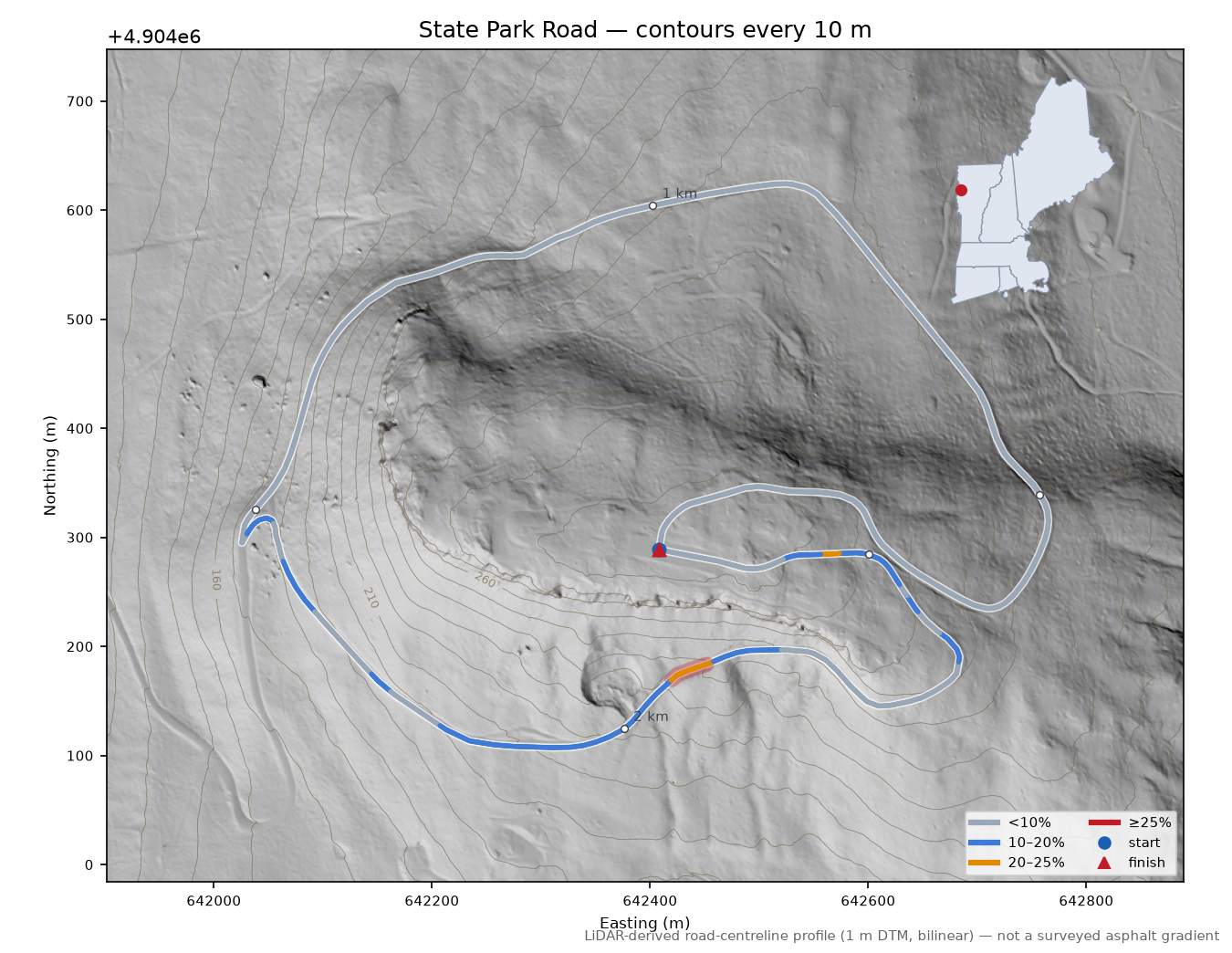 State Park Road LiDAR hillshade map with contours