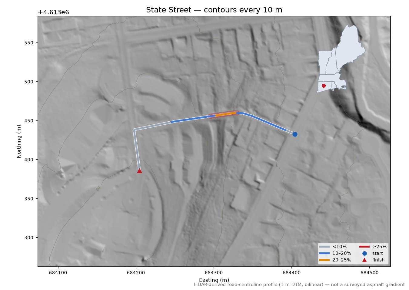 State Street LiDAR hillshade map with contours