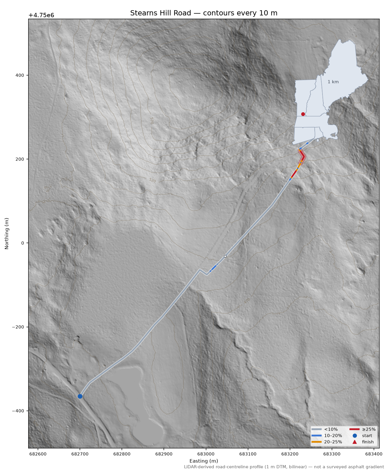 Stearns Hill Road LiDAR hillshade map with contours
