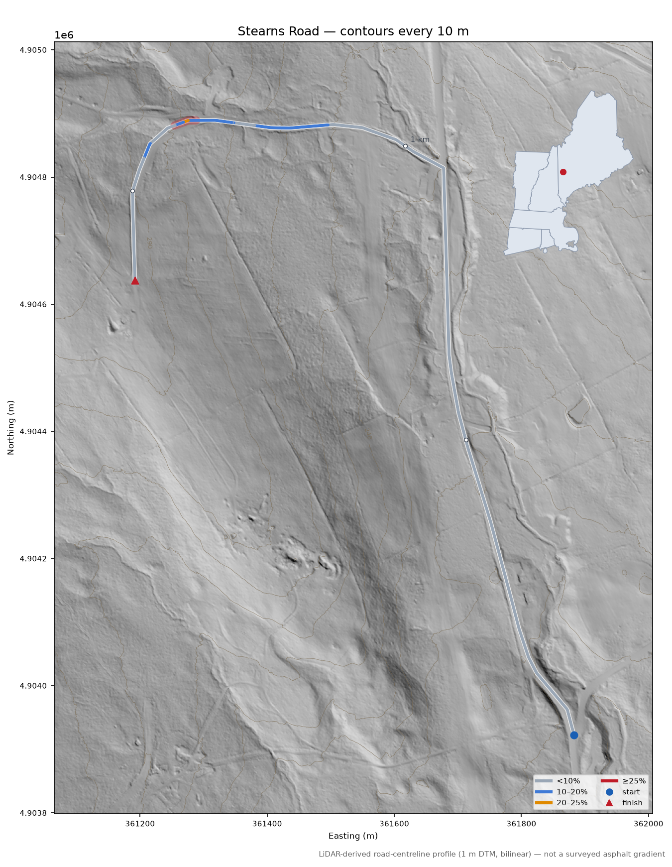 Stearns Road LiDAR hillshade map with contours