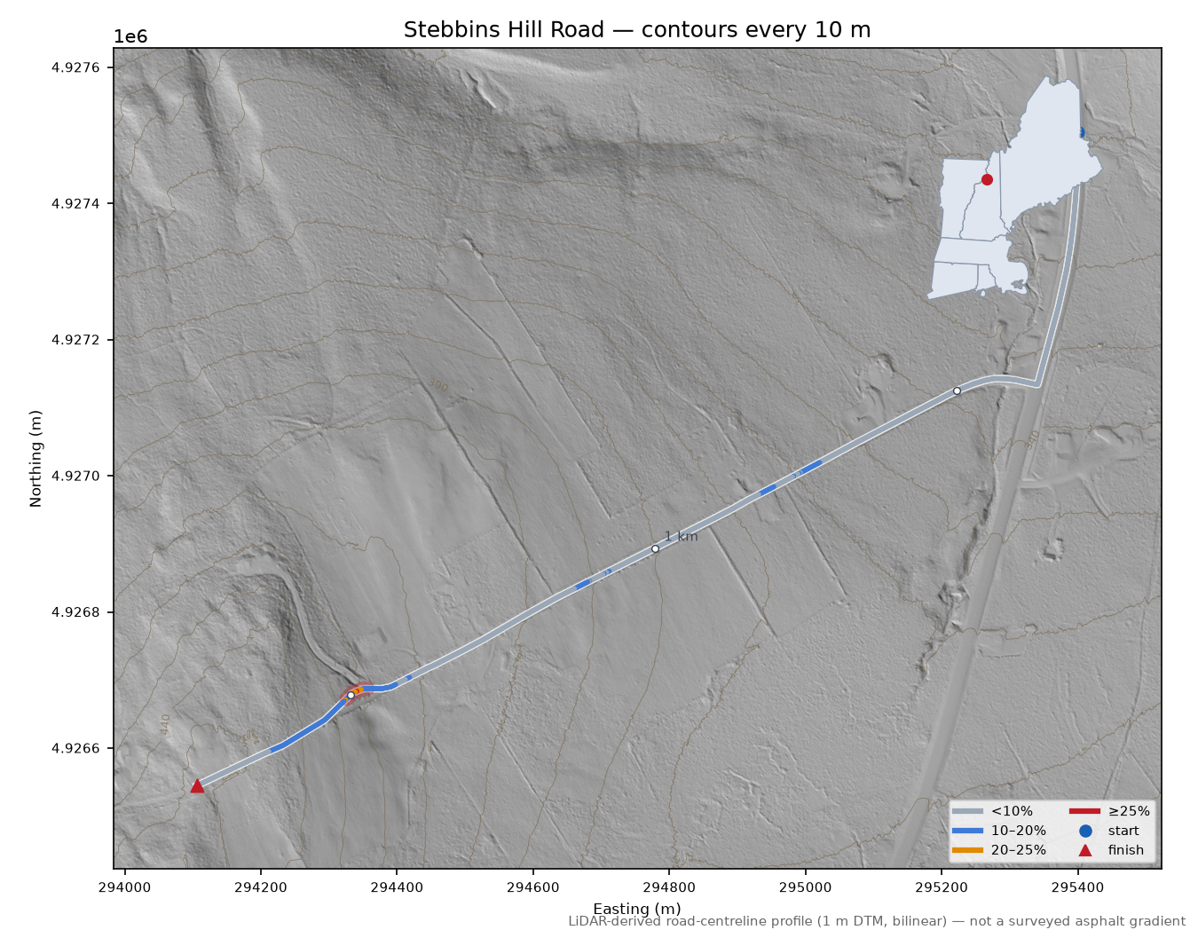 Stebbins Hill Road LiDAR hillshade map with contours