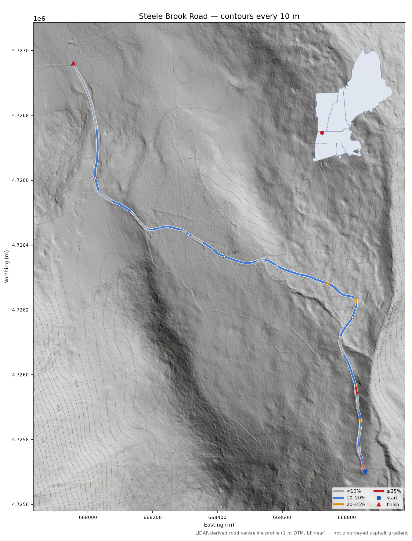 Steele Brook Road LiDAR hillshade map with contours