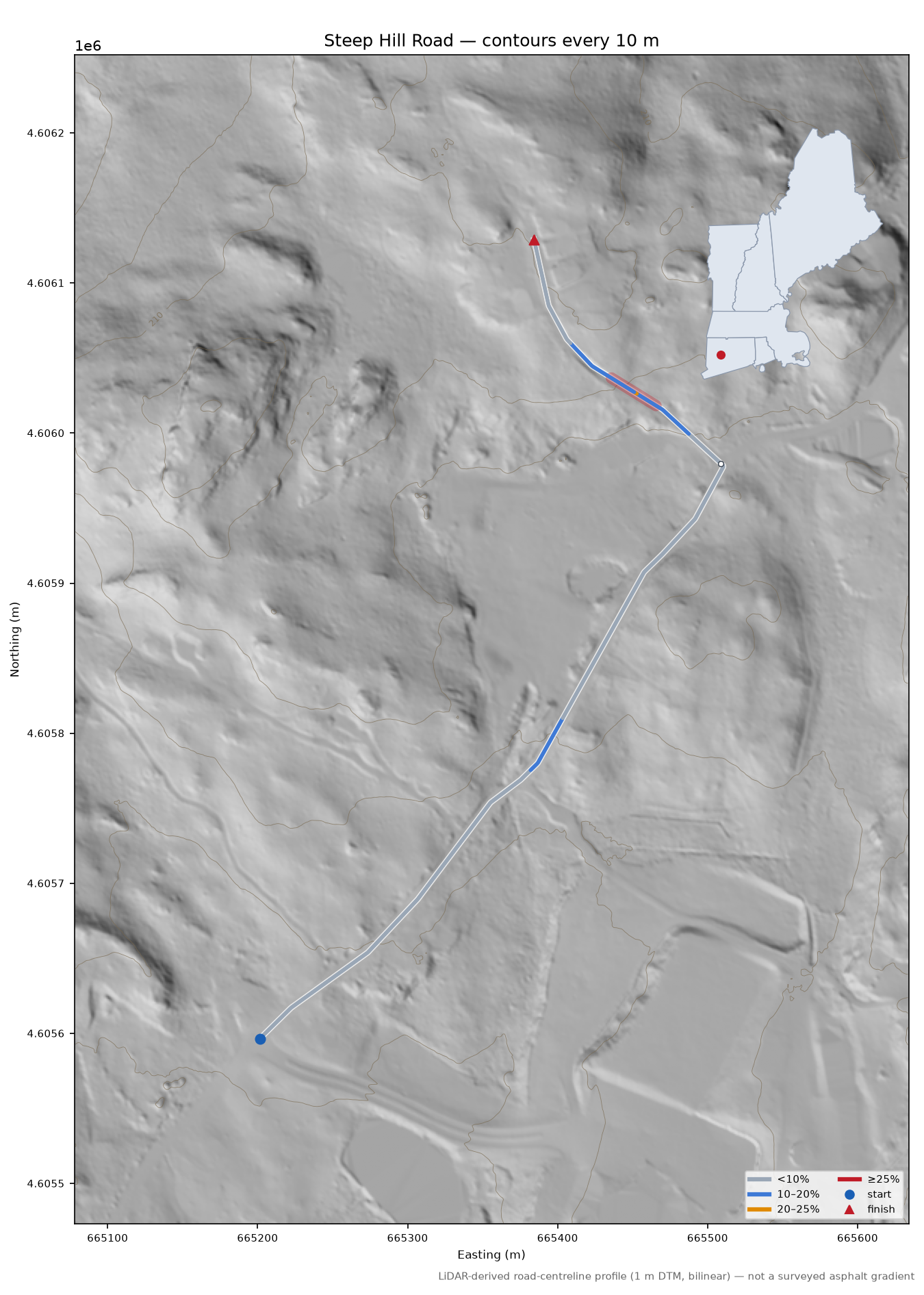 Steep Hill Road LiDAR hillshade map with contours