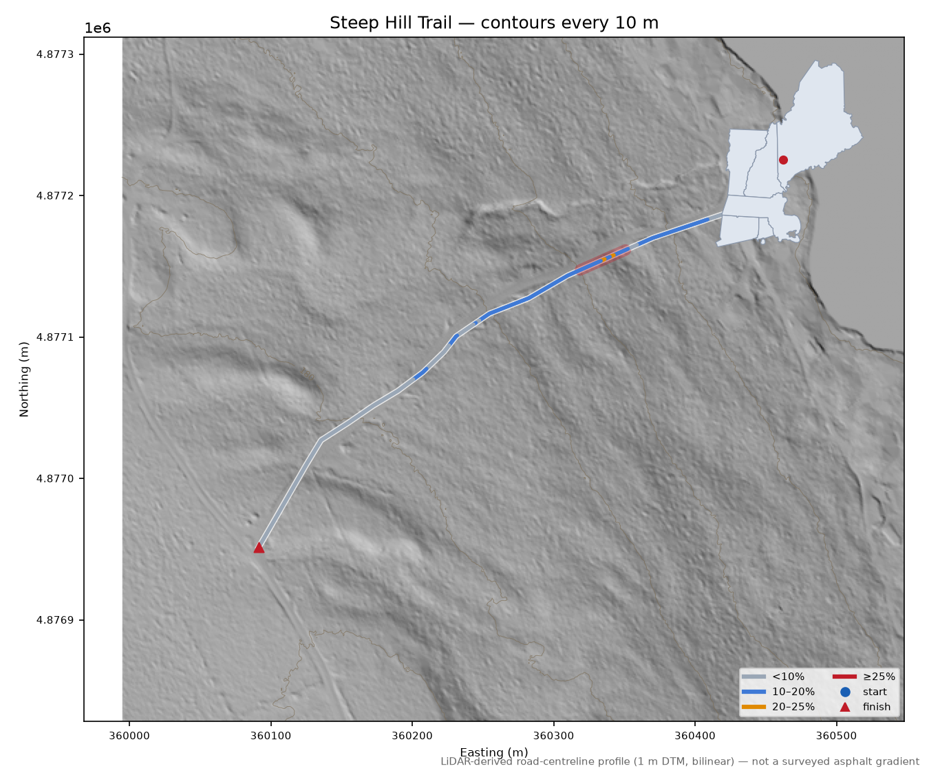 Steep Hill Trail LiDAR hillshade map with contours