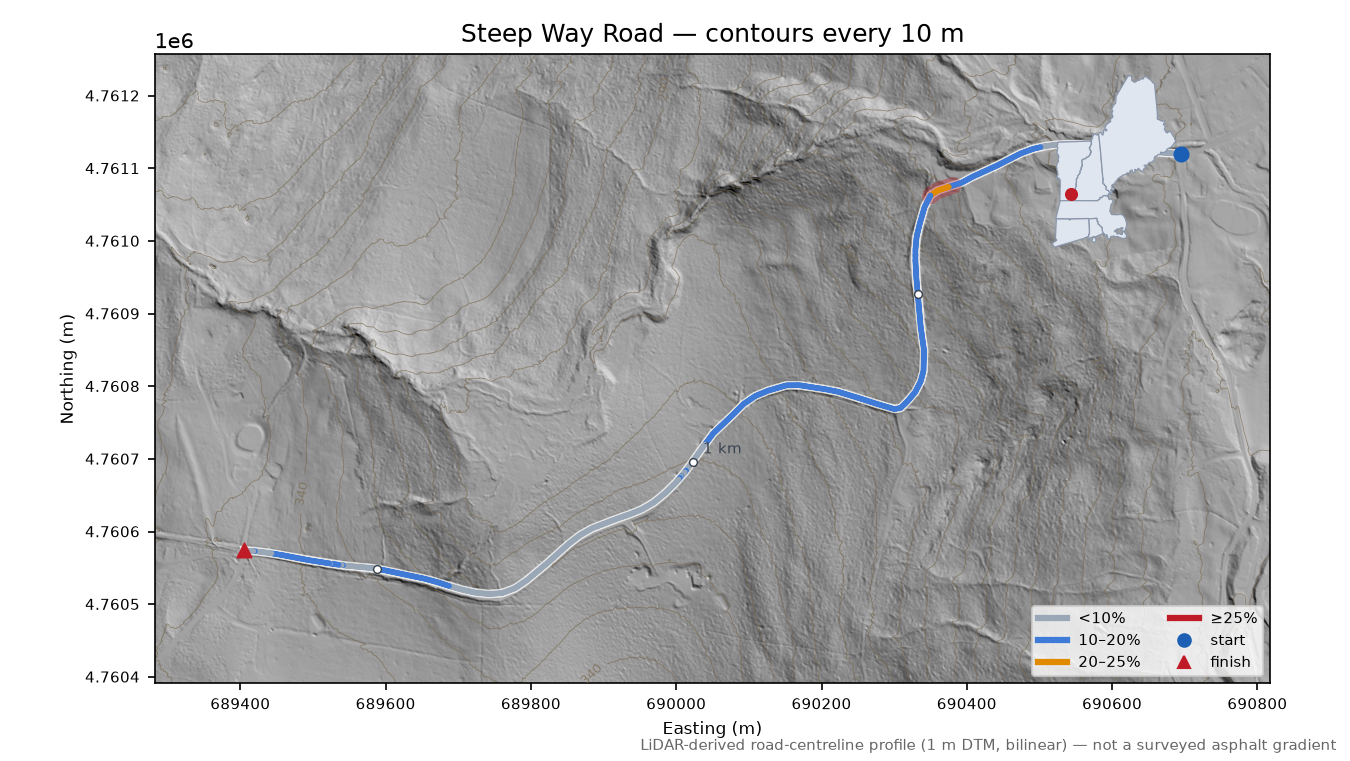 Steep Way Road LiDAR hillshade map with contours