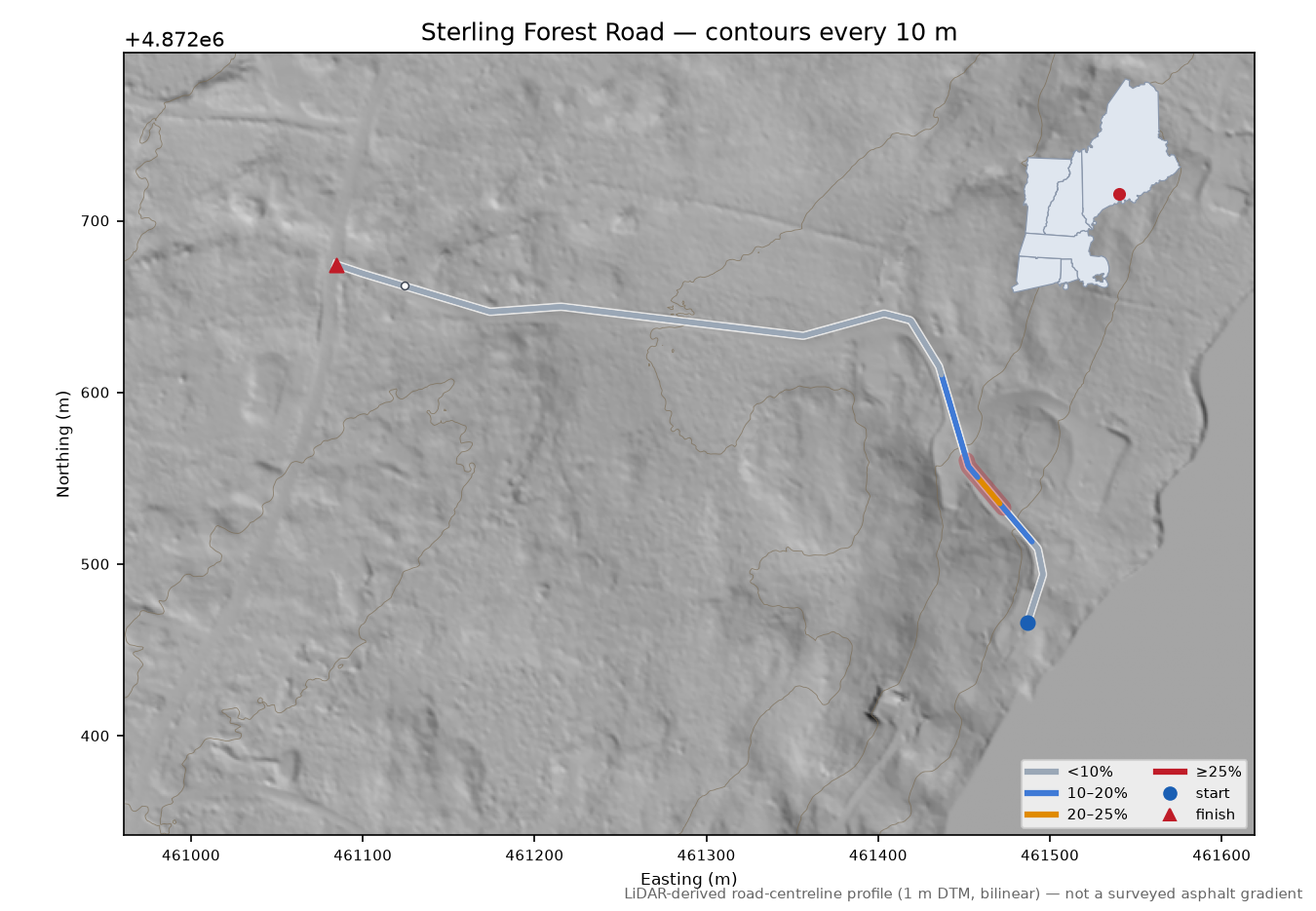 Sterling Forest Road LiDAR hillshade map with contours
