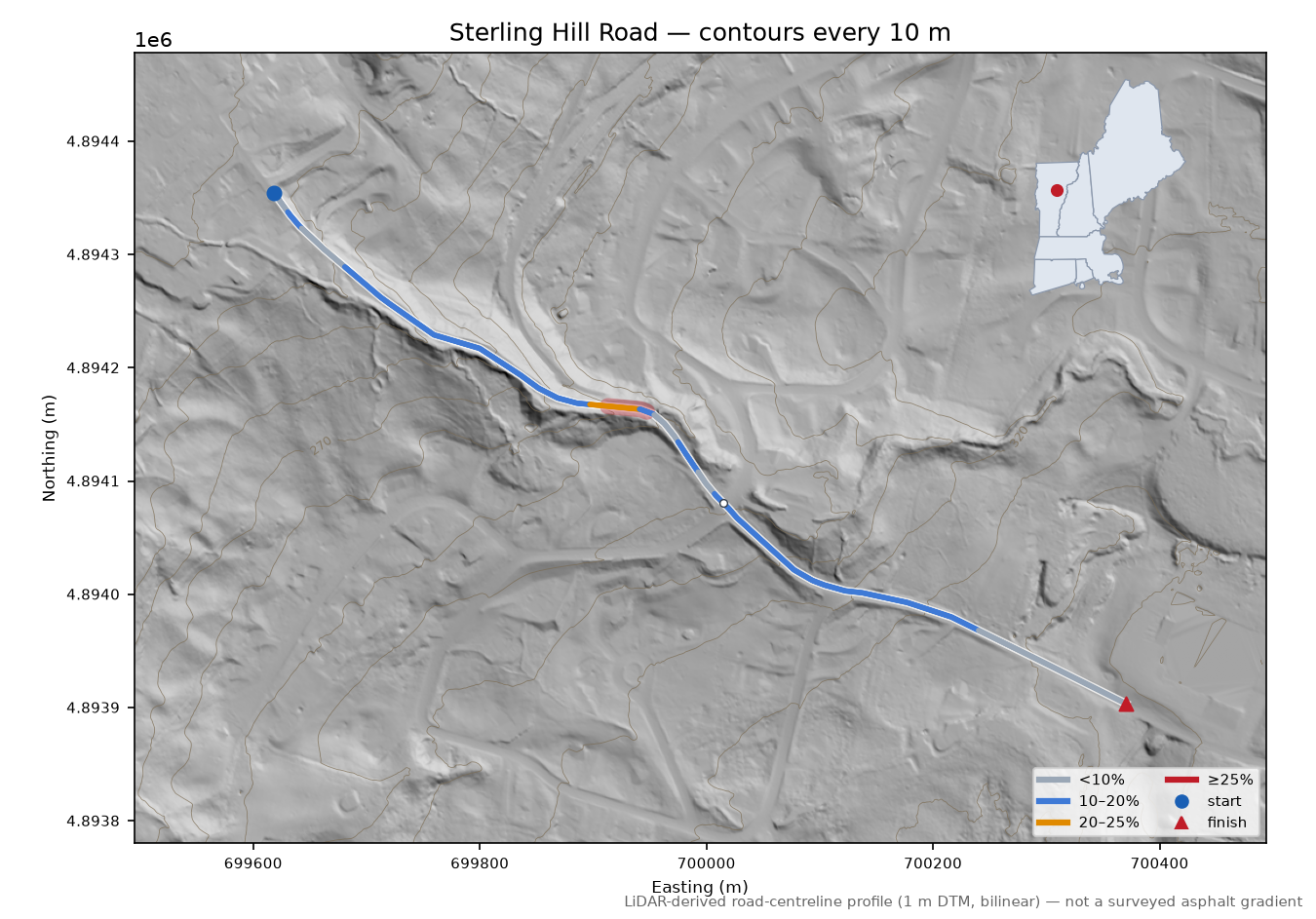 Sterling Hill Road LiDAR hillshade map with contours