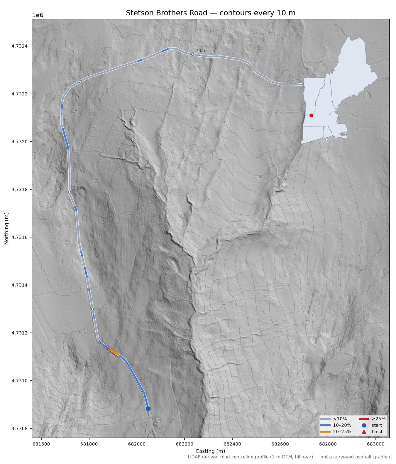 Stetson Brothers Road LiDAR hillshade map with contours