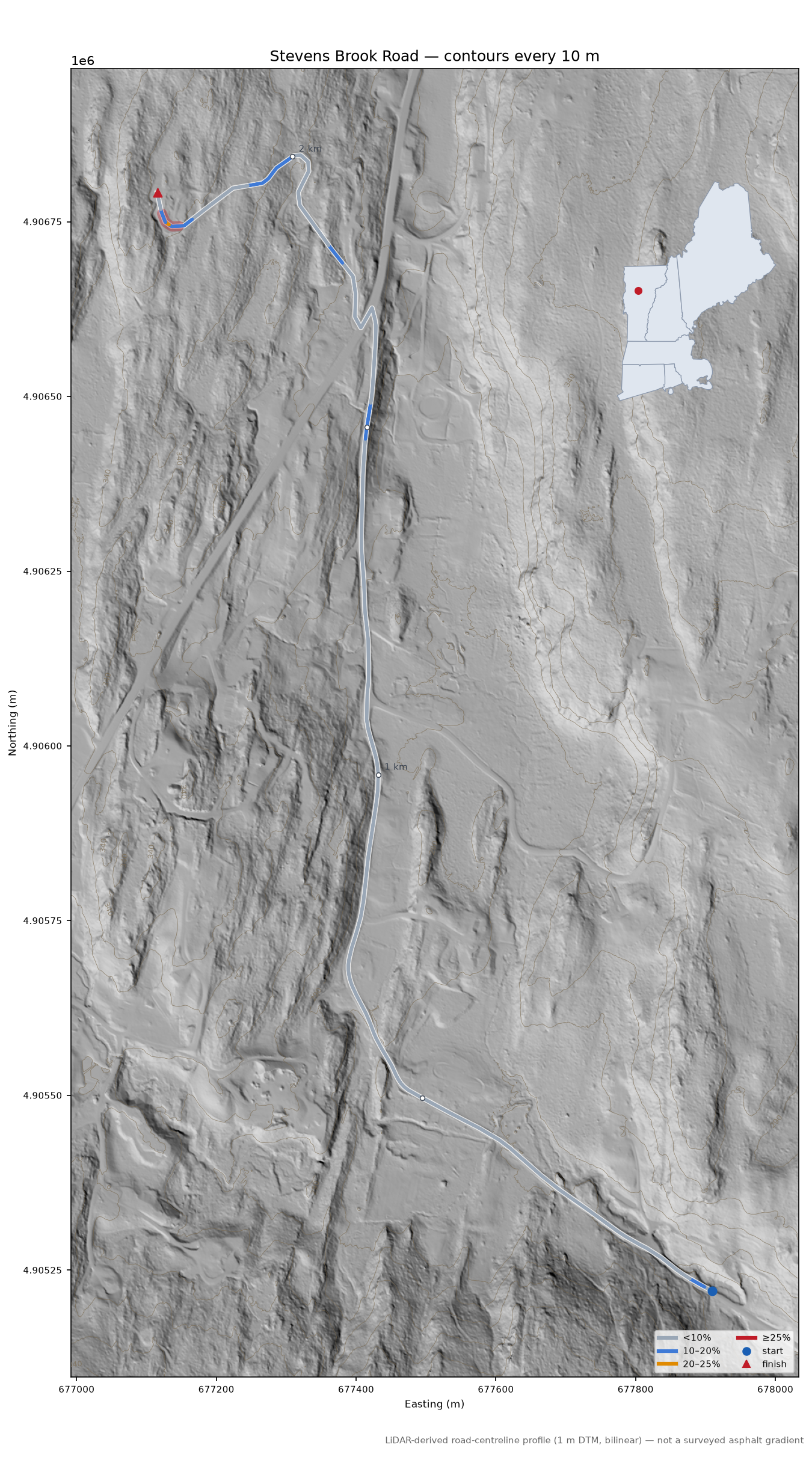 Stevens Brook Road LiDAR hillshade map with contours