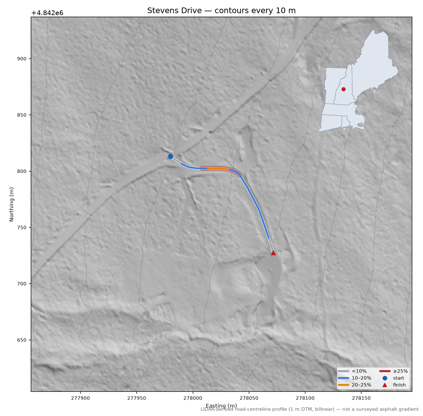 Stevens Drive LiDAR hillshade map with contours