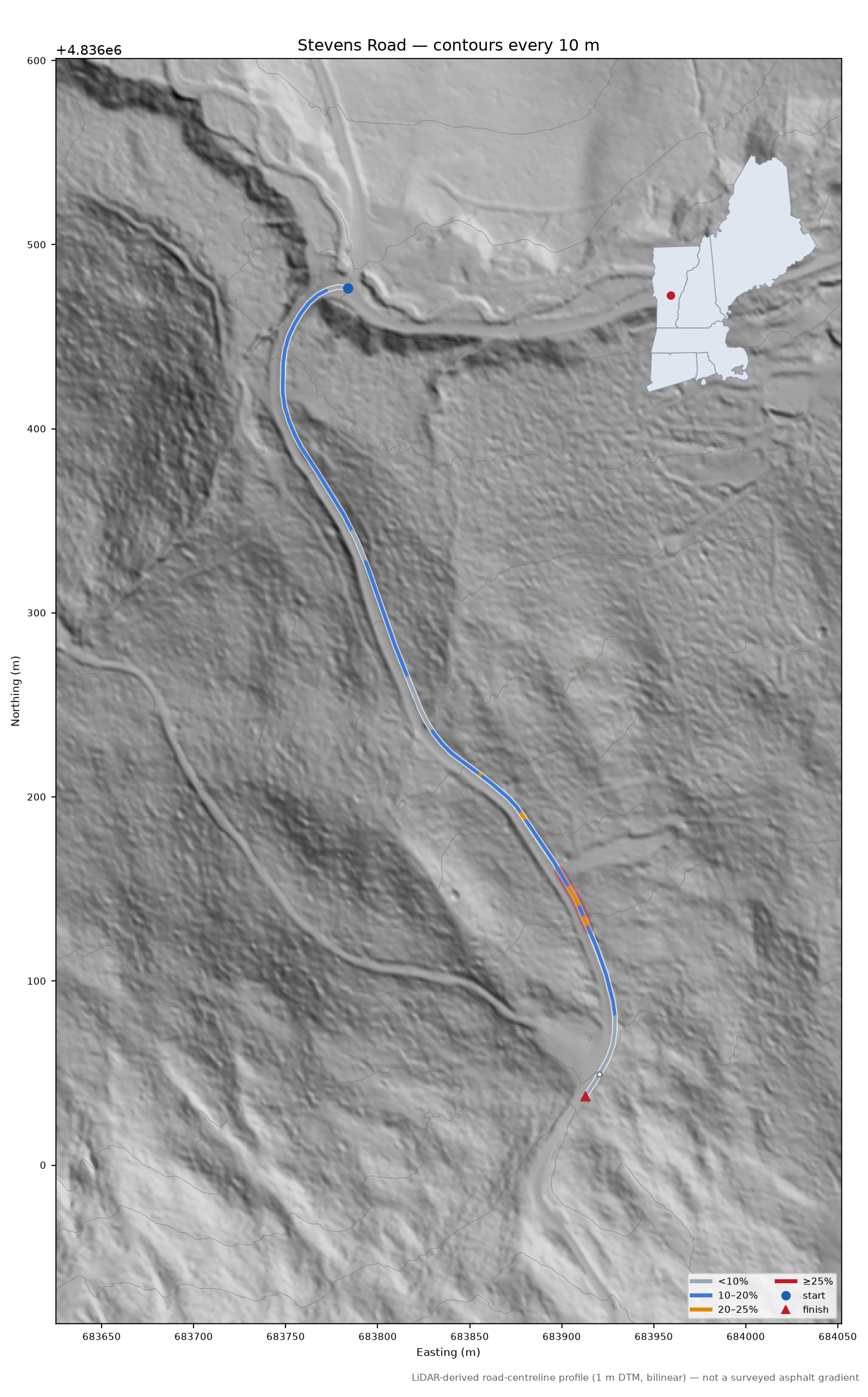 Stevens Road LiDAR hillshade map with contours