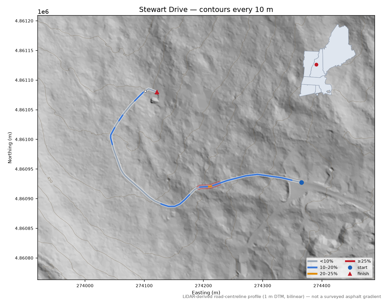 Stewart Drive LiDAR hillshade map with contours