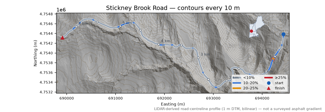Stickney Brook Road LiDAR hillshade map with contours
