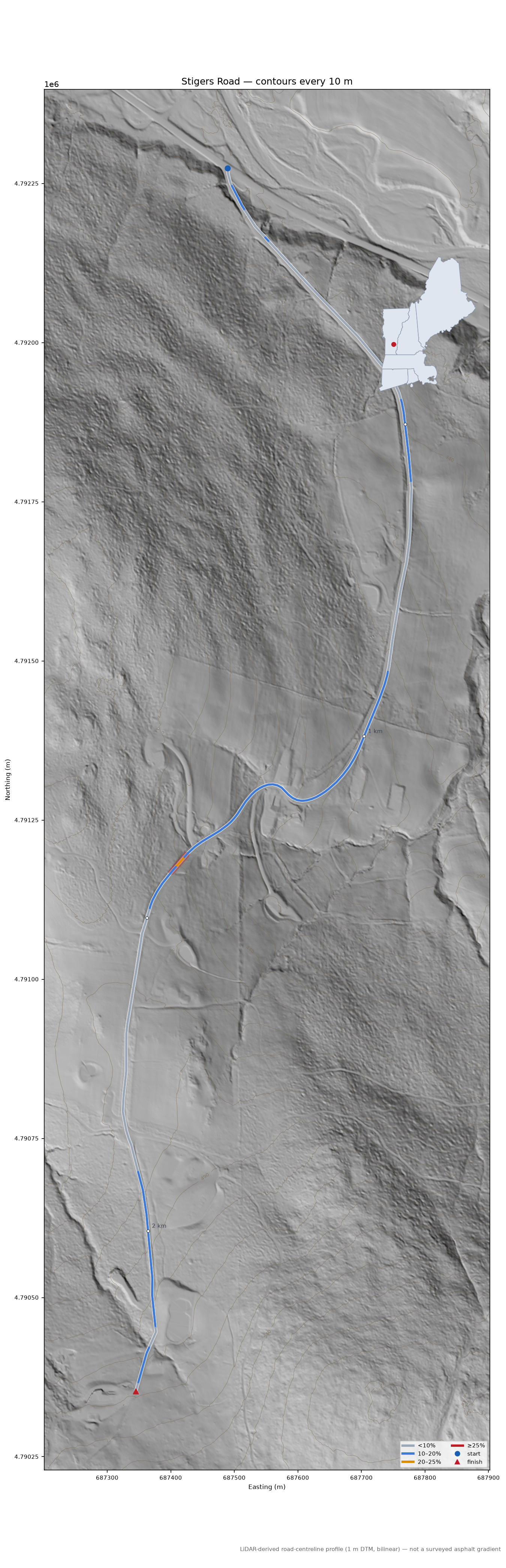Stigers Road LiDAR hillshade map with contours