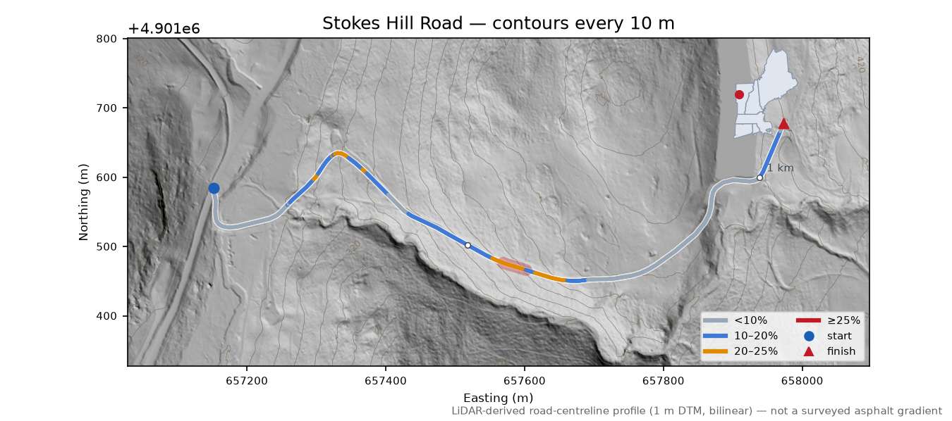 Stokes Hill Road LiDAR hillshade map with contours