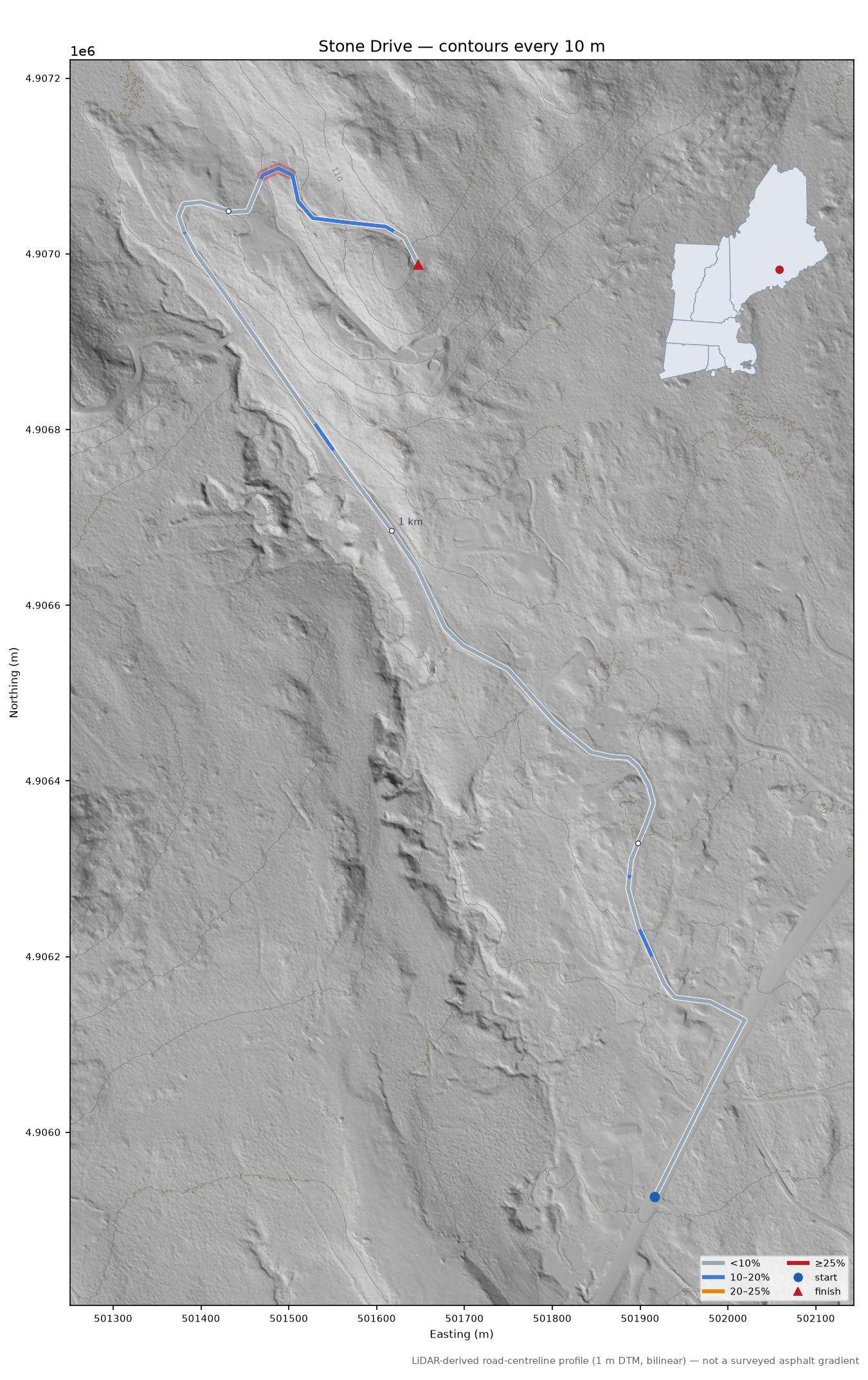 Stone Drive LiDAR hillshade map with contours