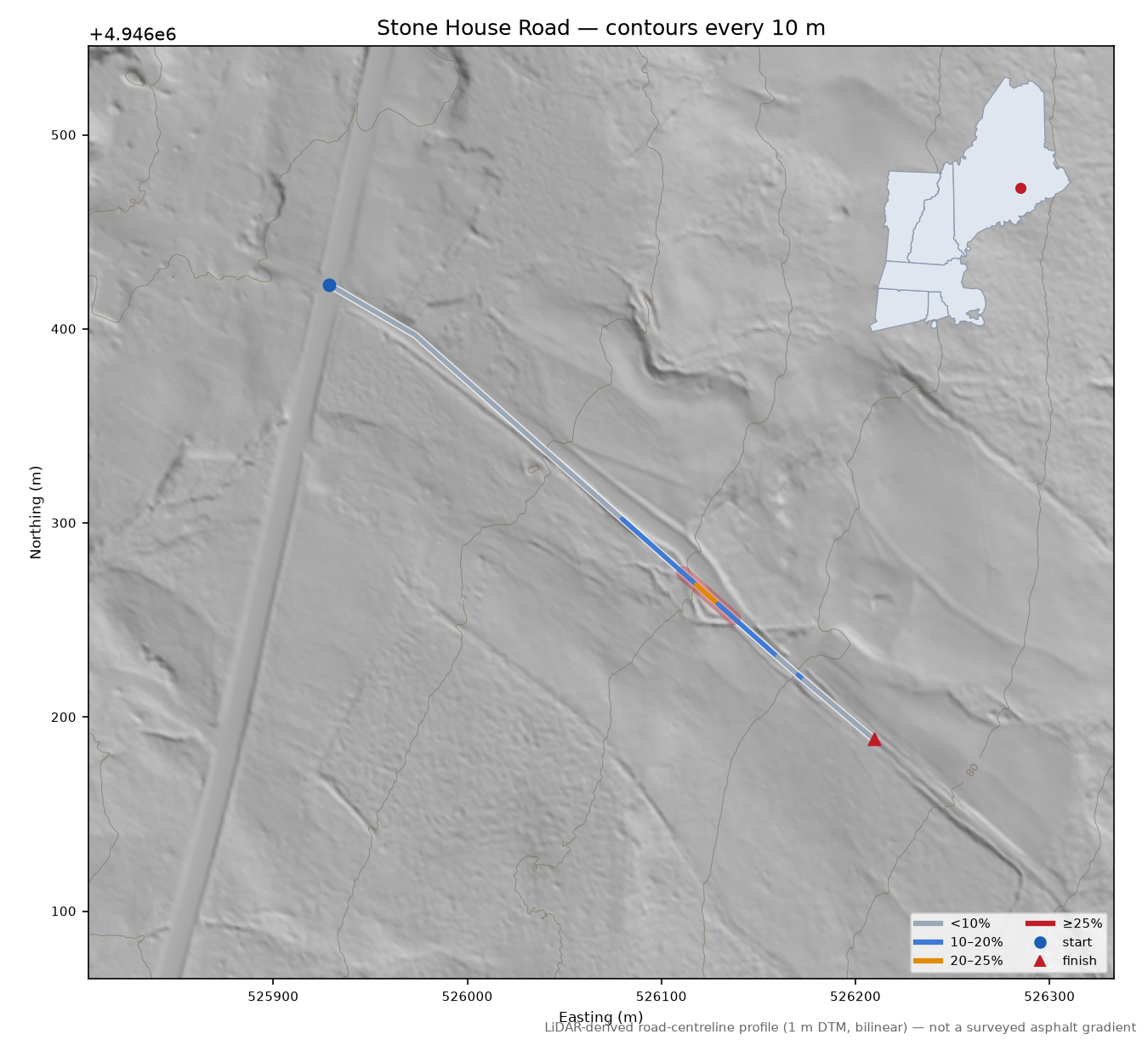 Stone House Road LiDAR hillshade map with contours