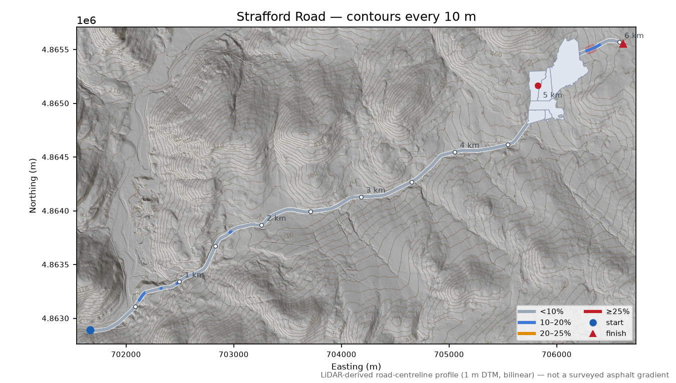 Strafford Road LiDAR hillshade map with contours