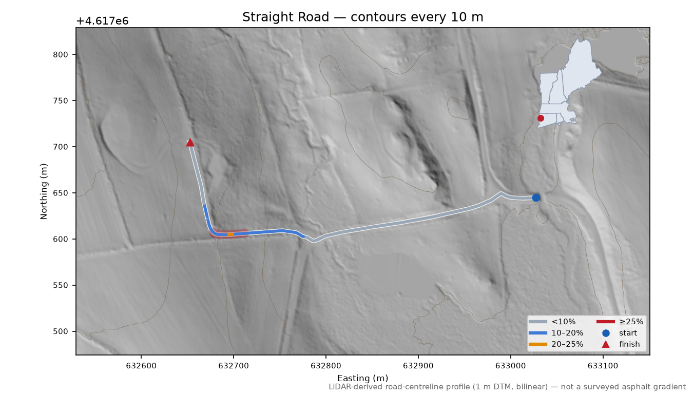 Straight Road LiDAR hillshade map with contours
