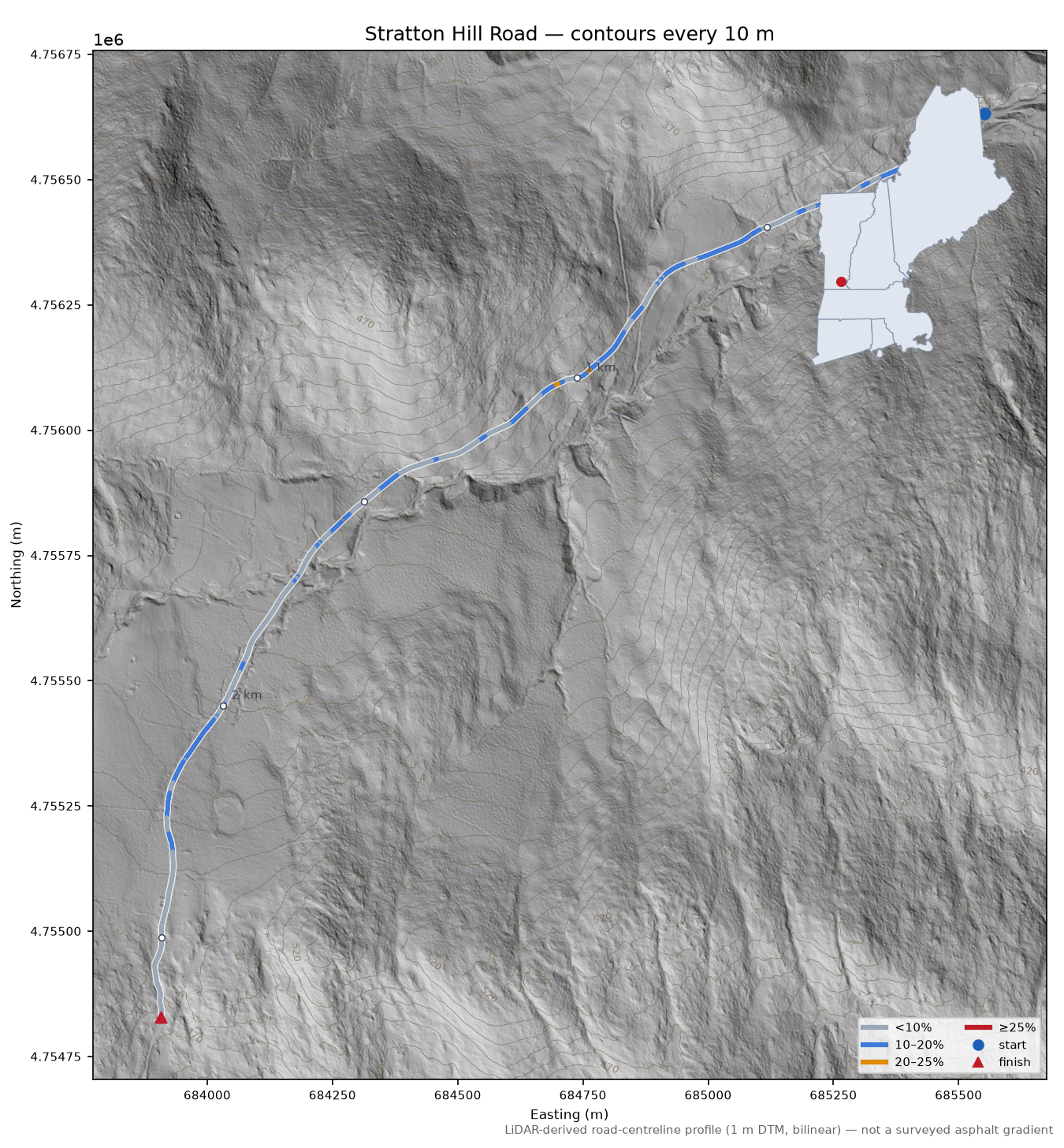 Stratton Hill Road LiDAR hillshade map with contours