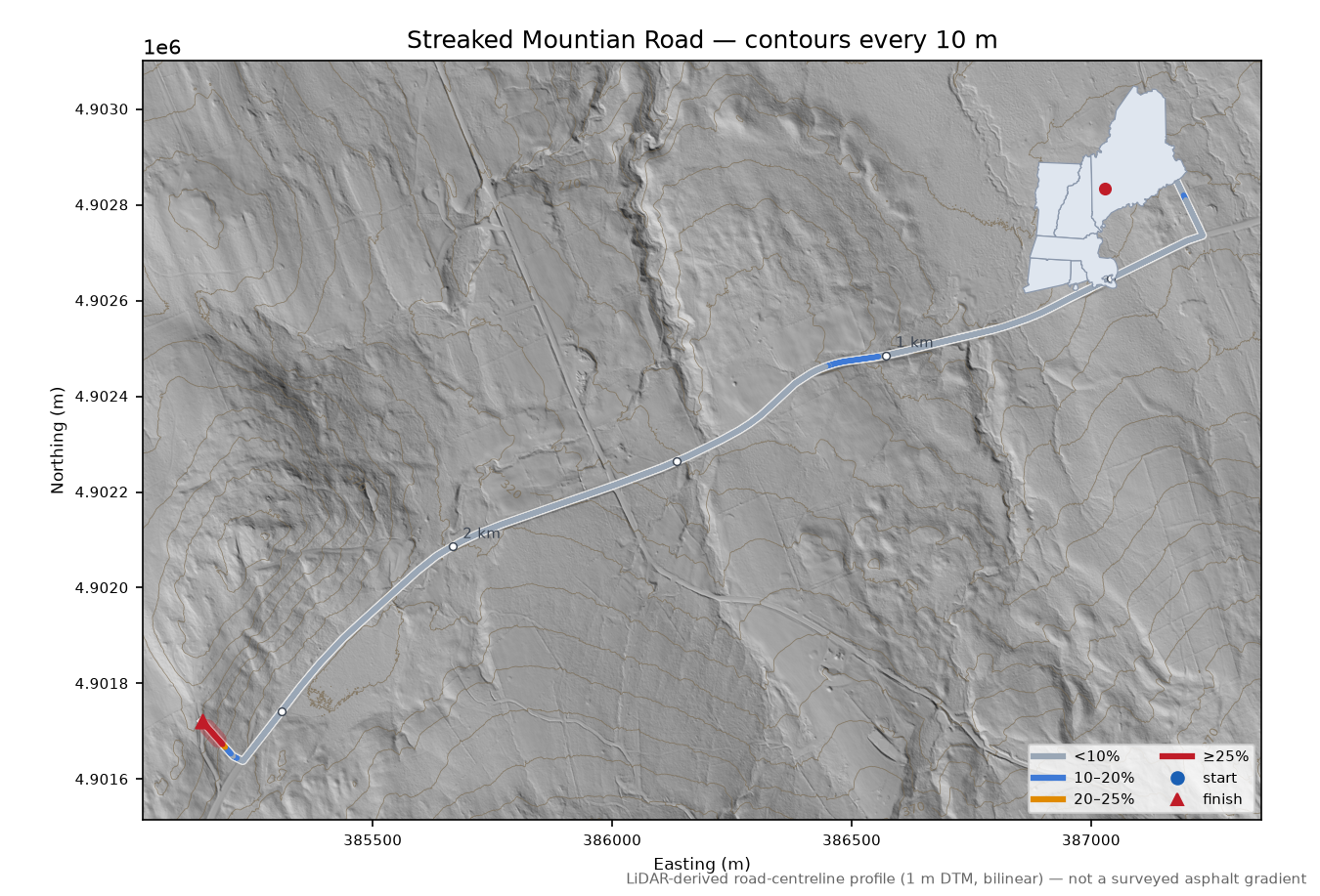Streaked Mountian Road LiDAR hillshade map with contours