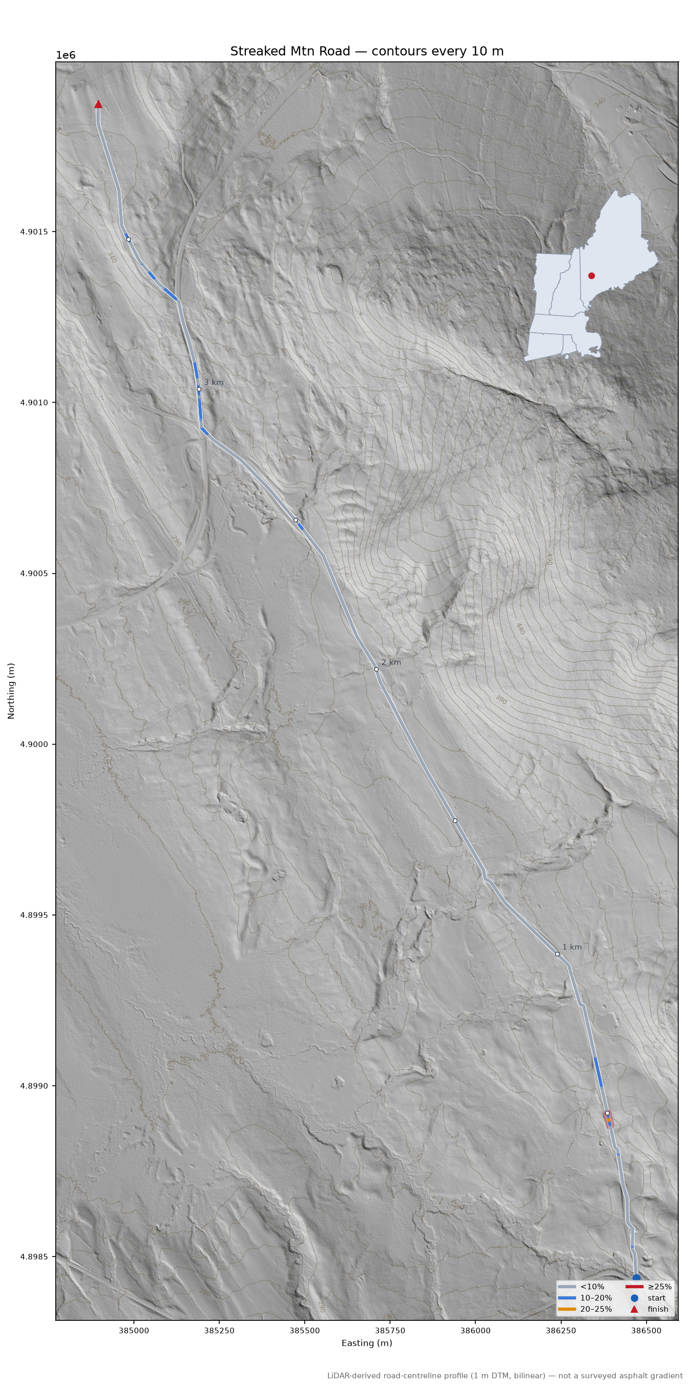 Streaked Mtn Road LiDAR hillshade map with contours