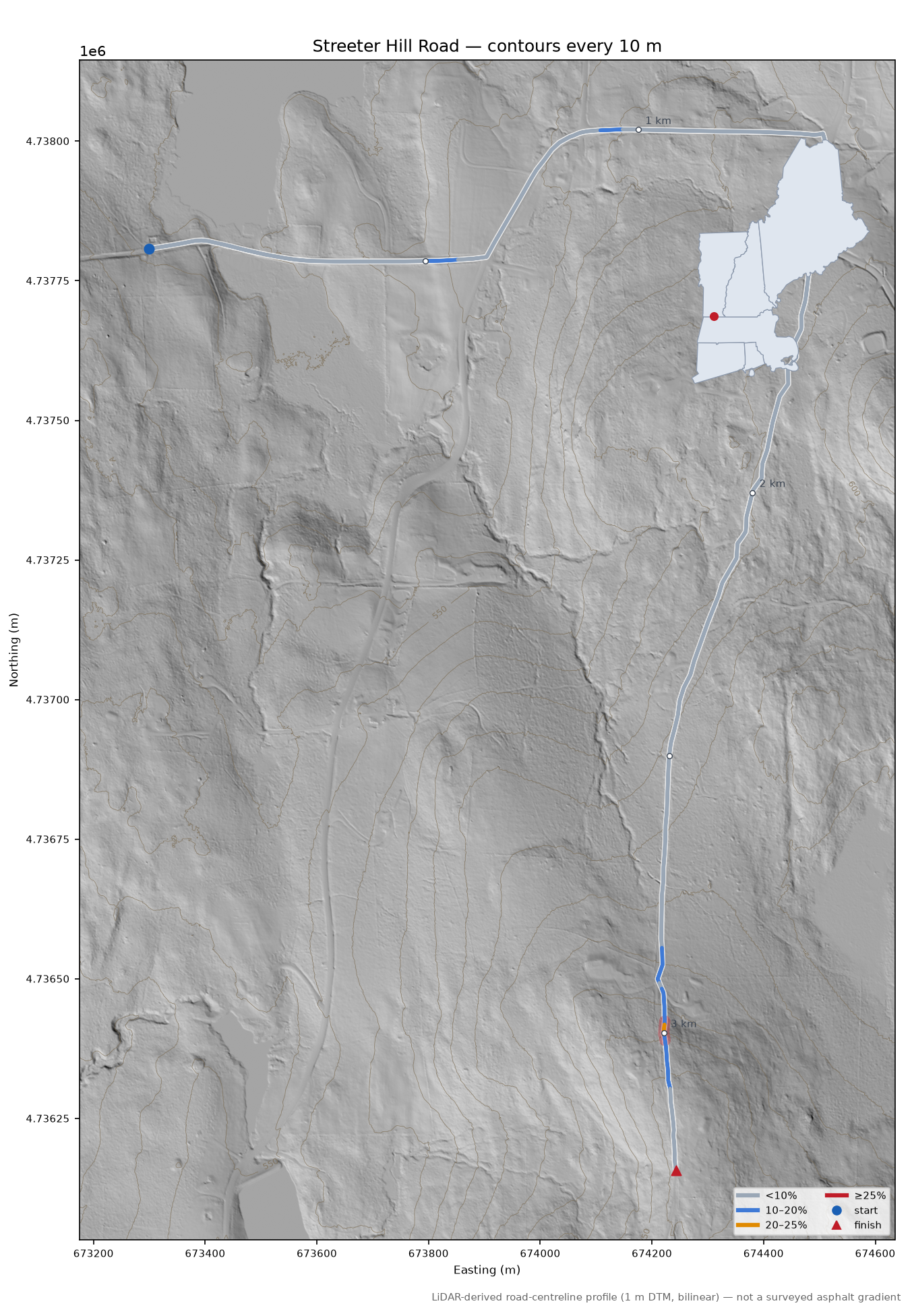 Streeter Hill Road LiDAR hillshade map with contours