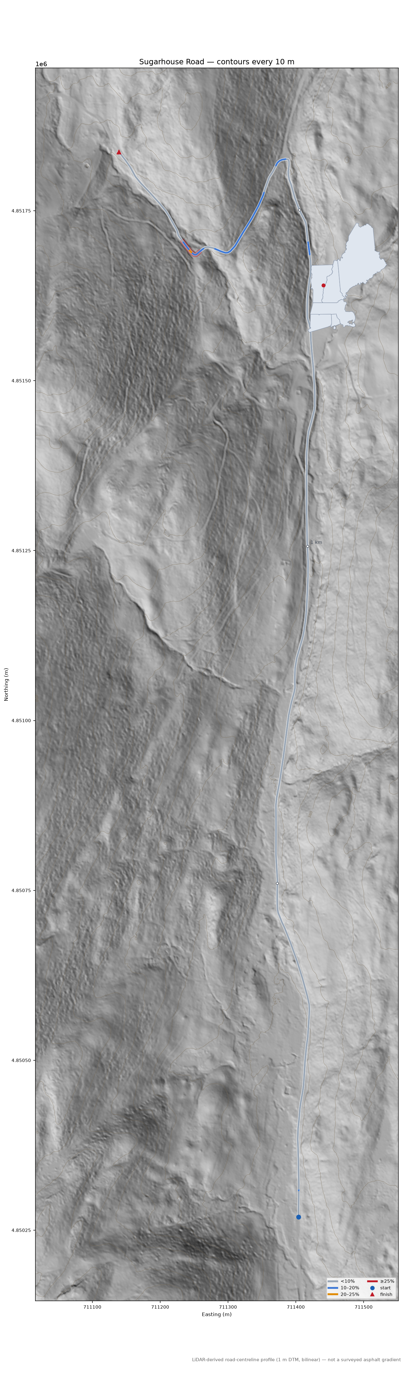 Sugarhouse Road LiDAR hillshade map with contours