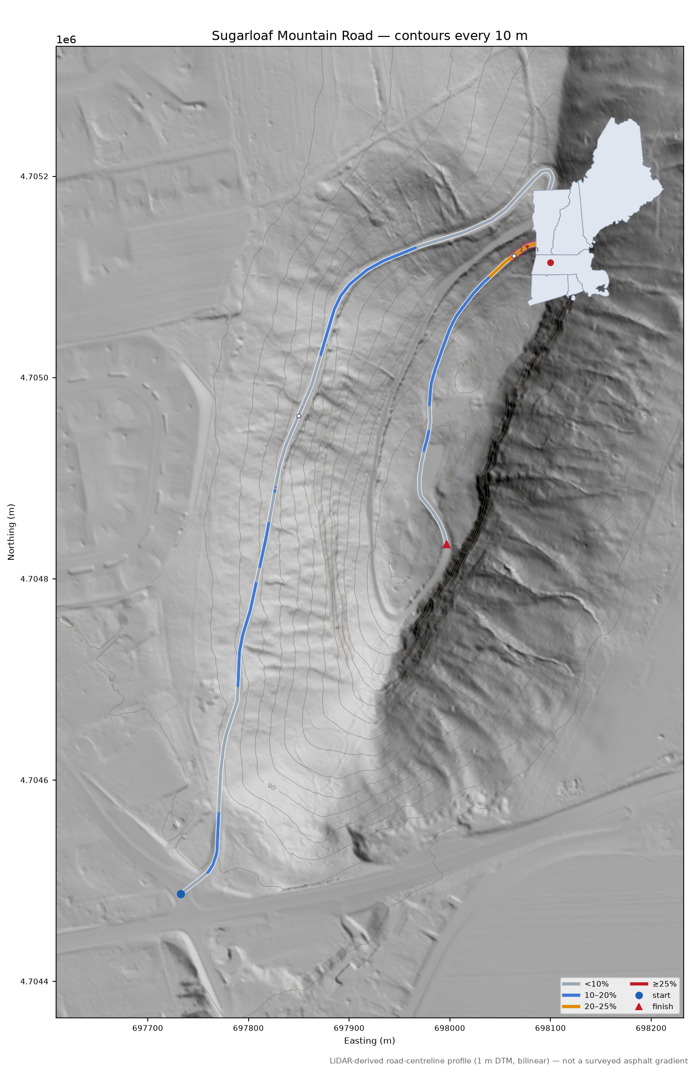 Sugarloaf Mountain Road LiDAR hillshade map with contours