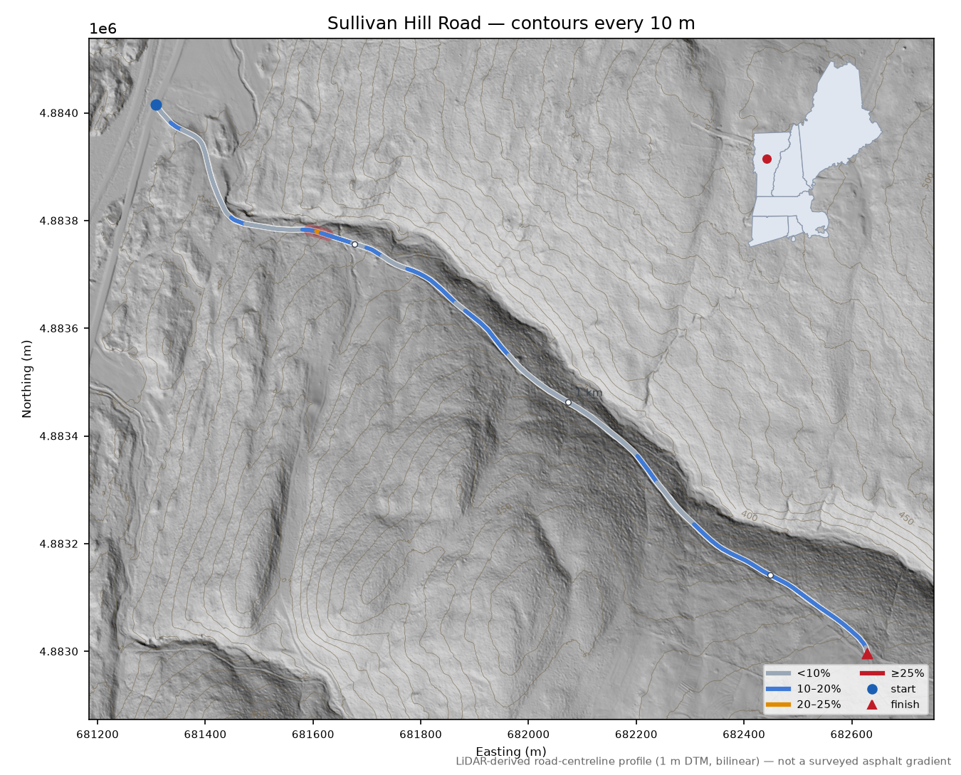 Sullivan Hill Road LiDAR hillshade map with contours