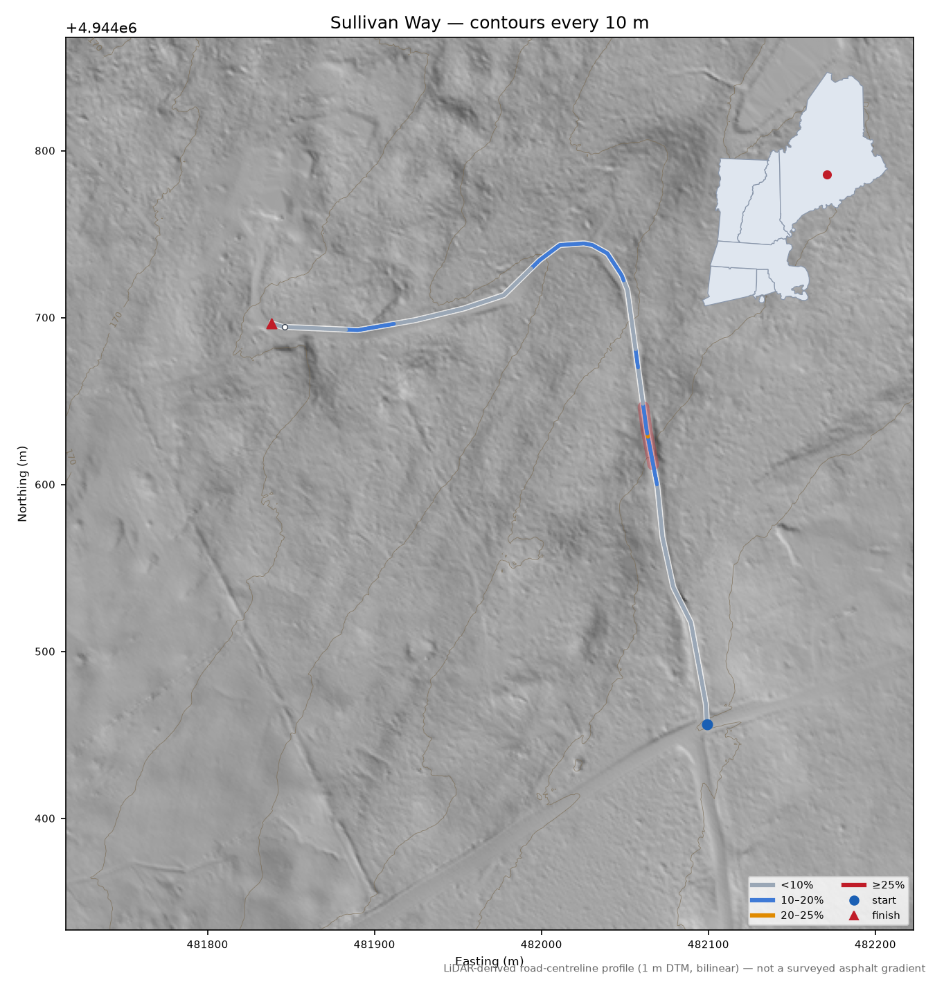 Sullivan Way LiDAR hillshade map with contours