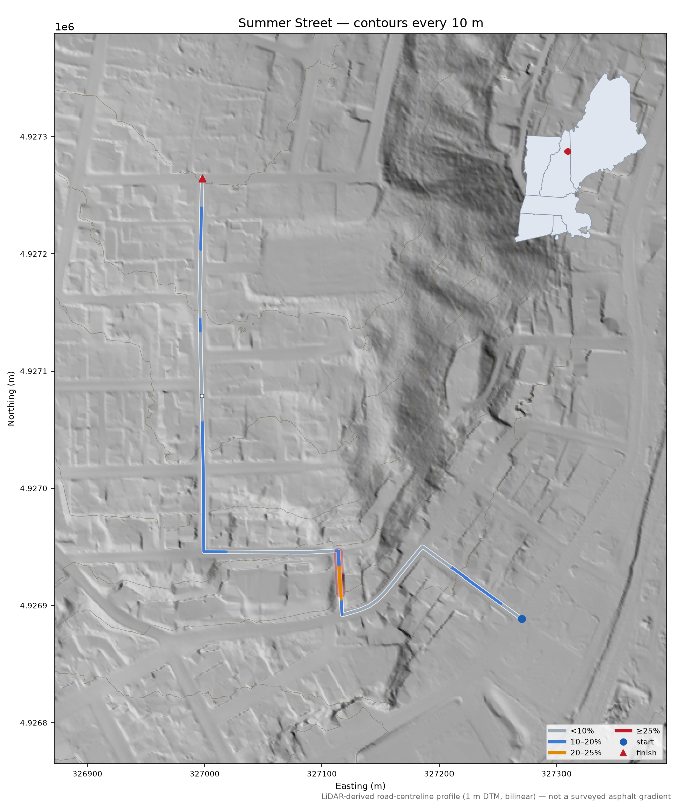 Summer Street LiDAR hillshade map with contours