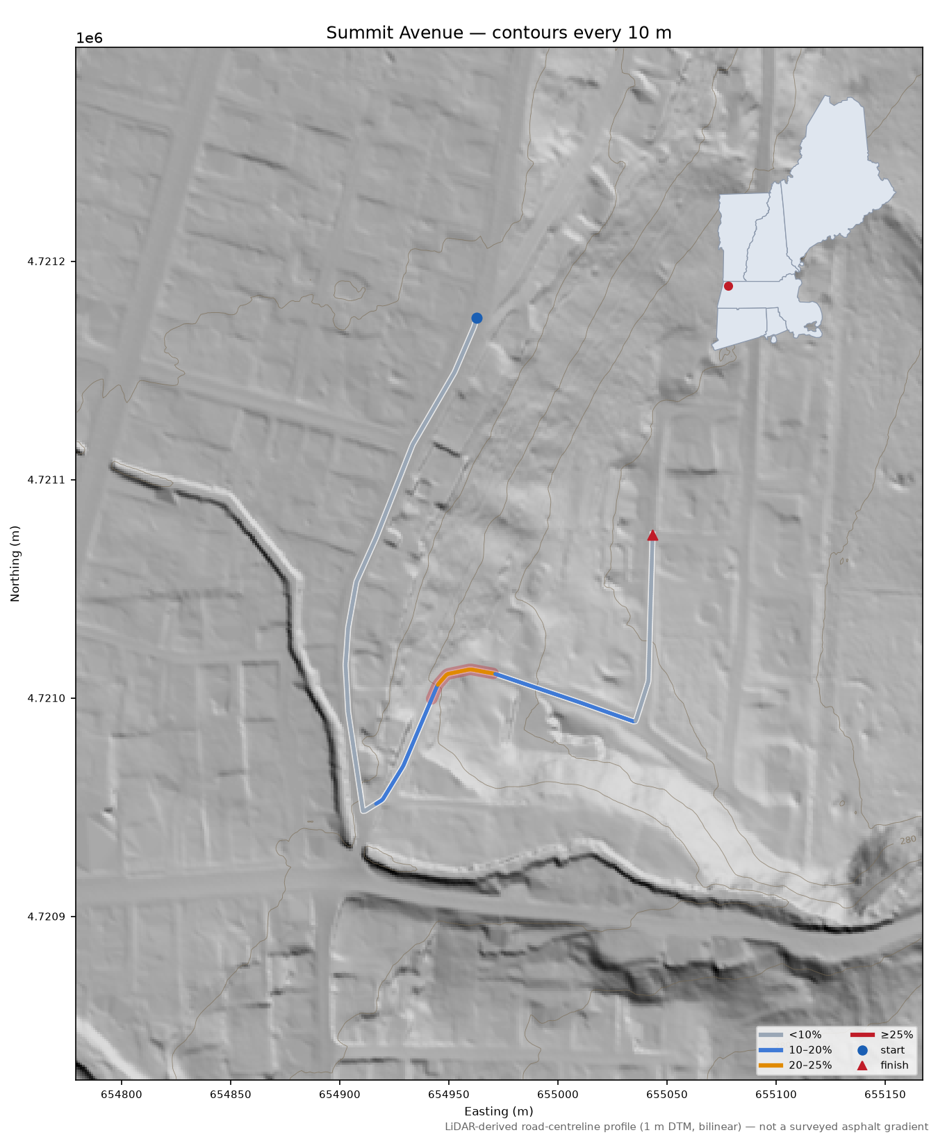 Summit Avenue LiDAR hillshade map with contours