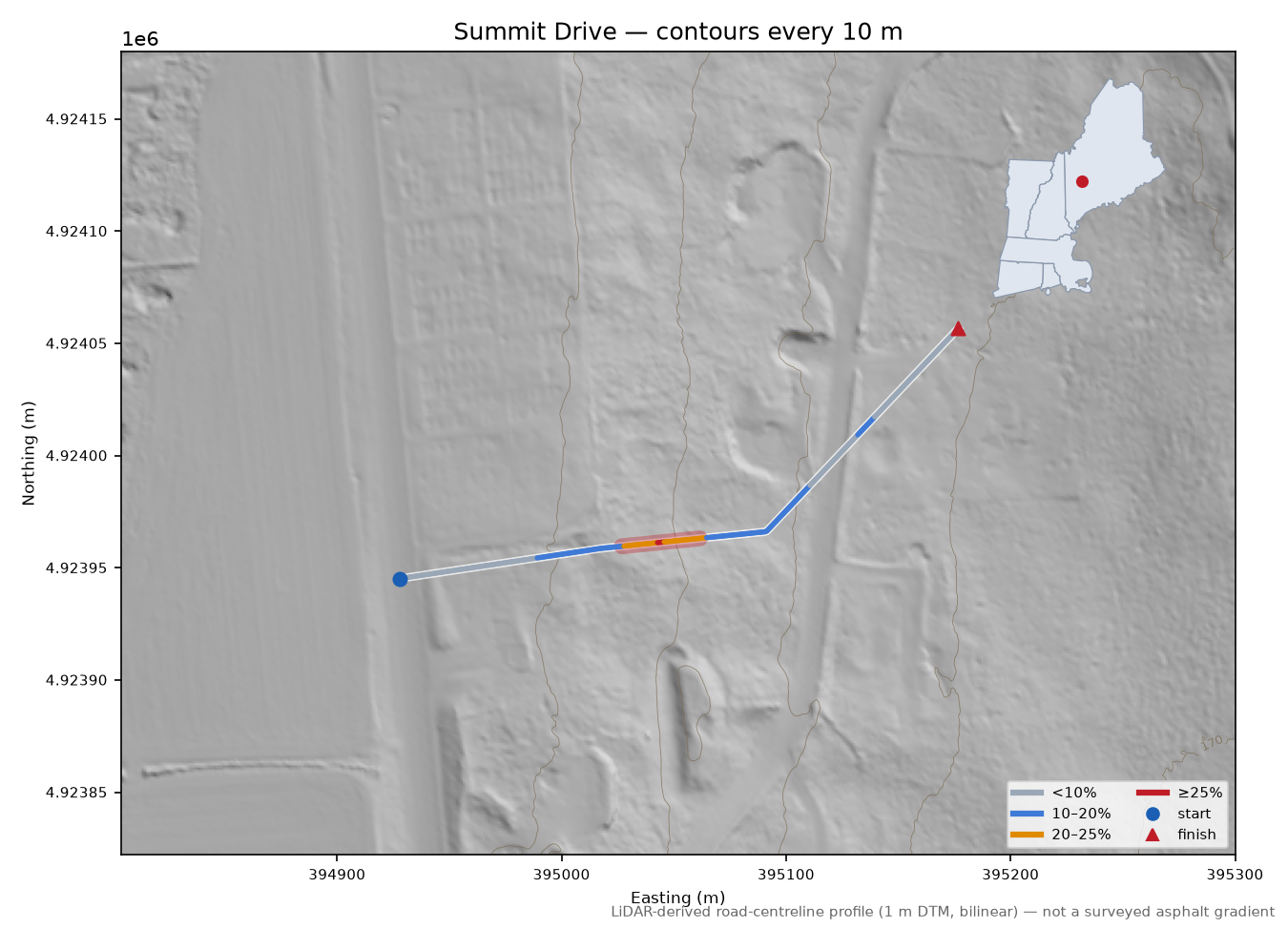 Summit Drive LiDAR hillshade map with contours