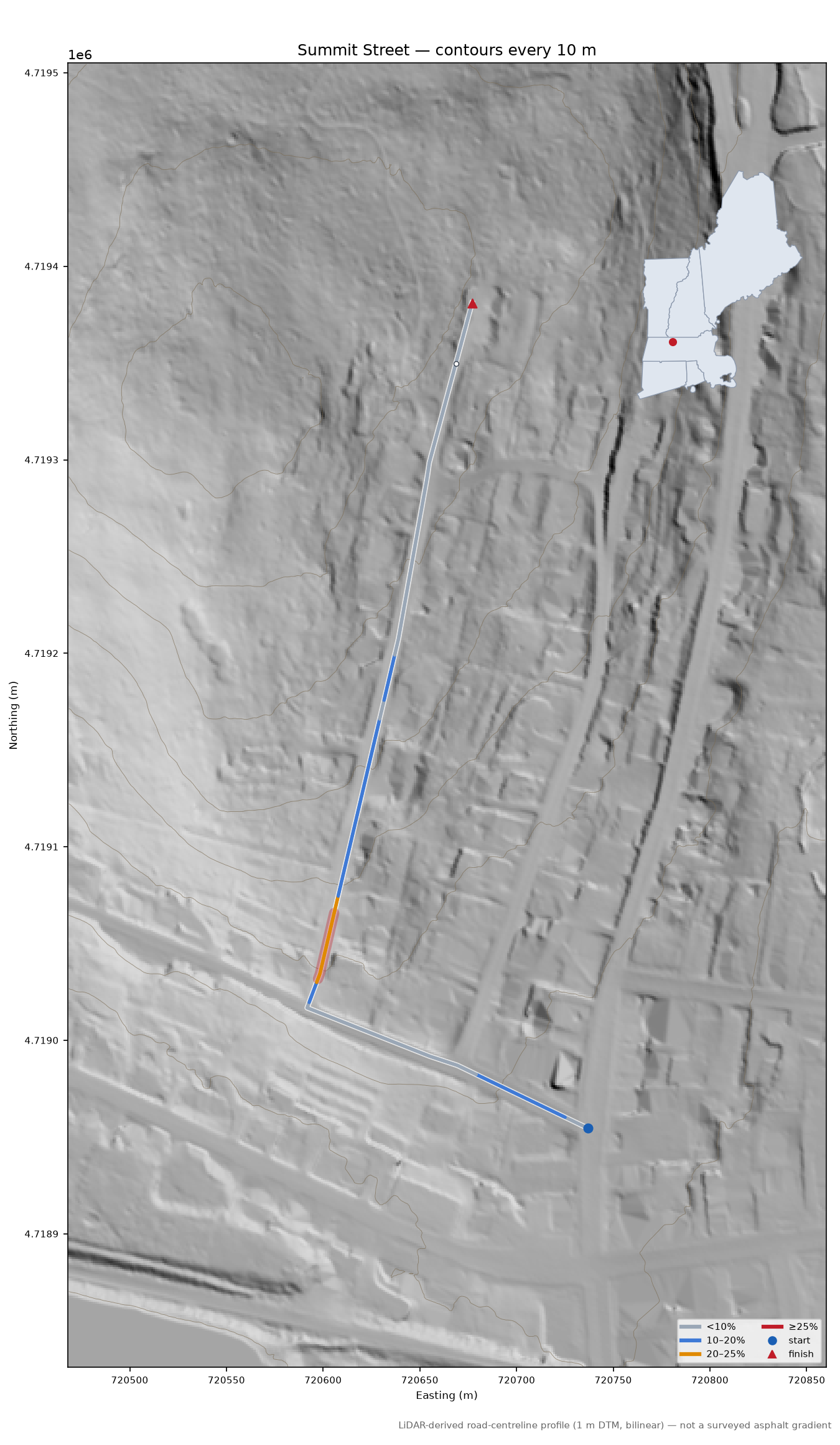 Summit Street LiDAR hillshade map with contours