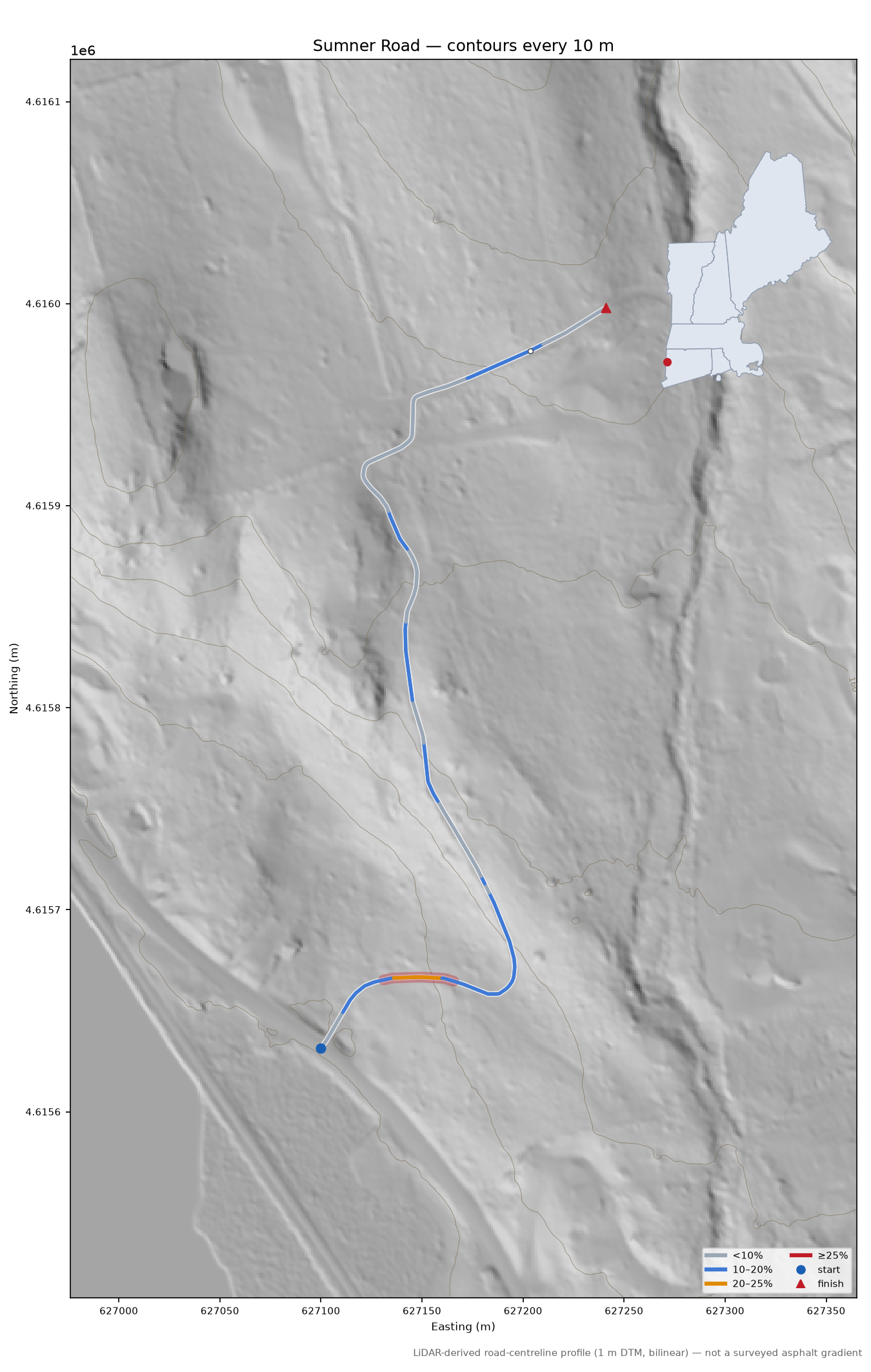 Sumner Road LiDAR hillshade map with contours