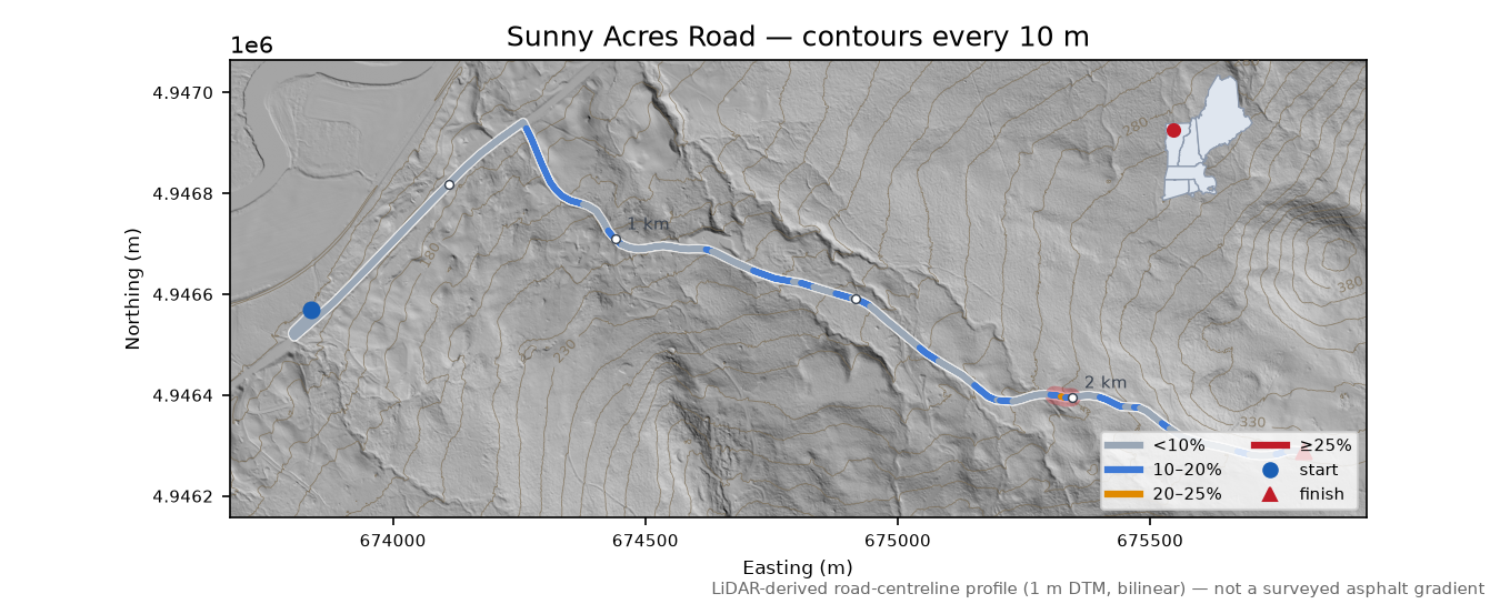 Sunny Acres Road LiDAR hillshade map with contours