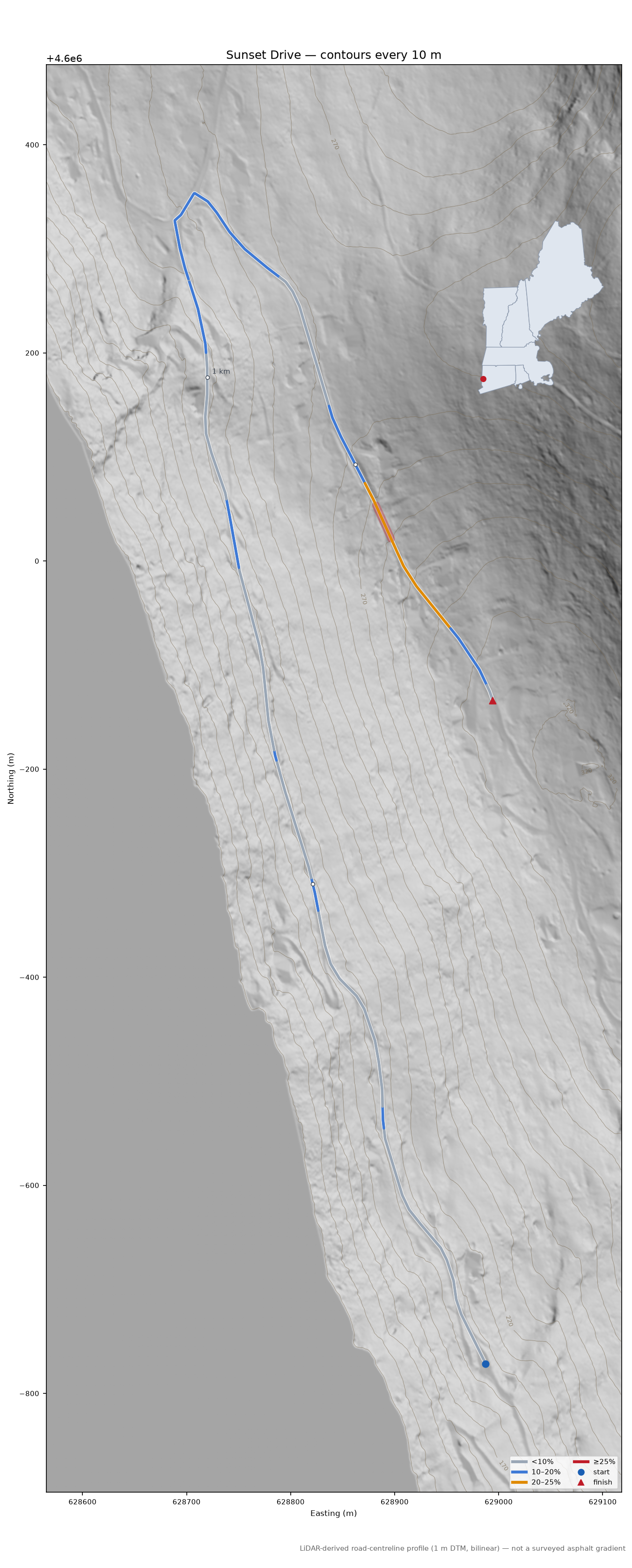 Sunset Drive LiDAR hillshade map with contours
