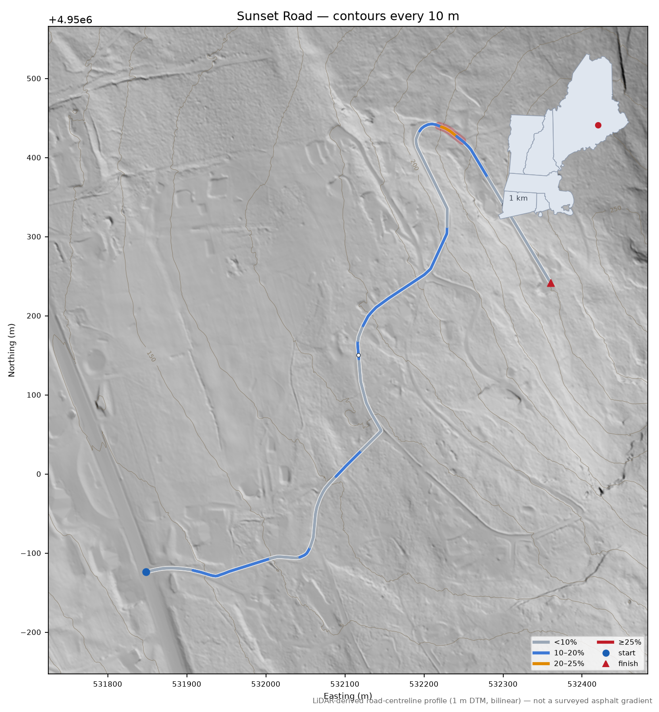 Sunset Road LiDAR hillshade map with contours