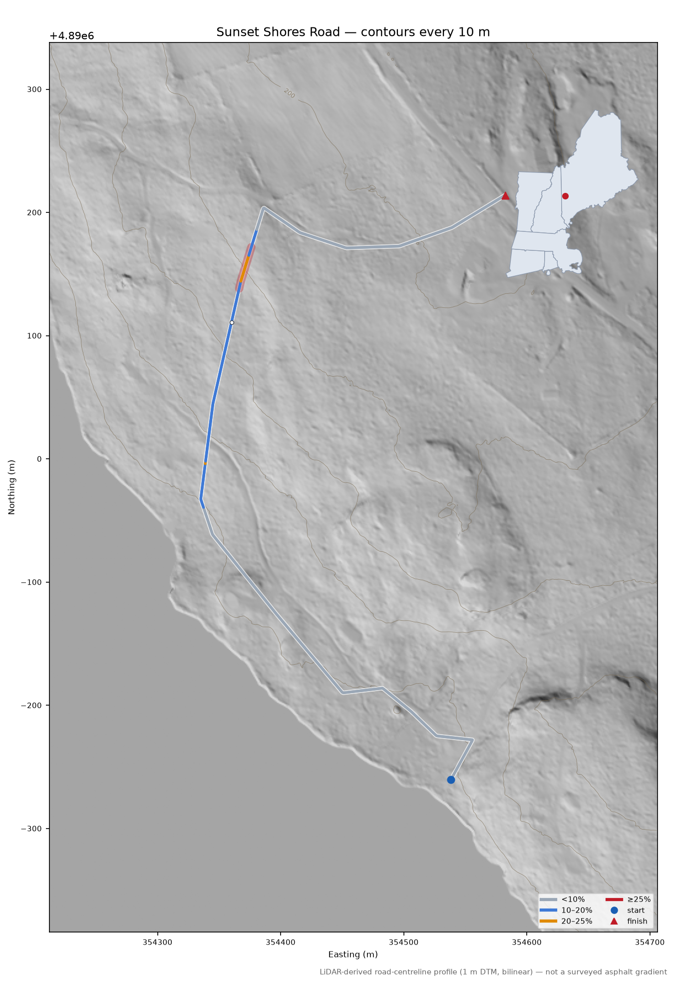 Sunset Shores Road LiDAR hillshade map with contours