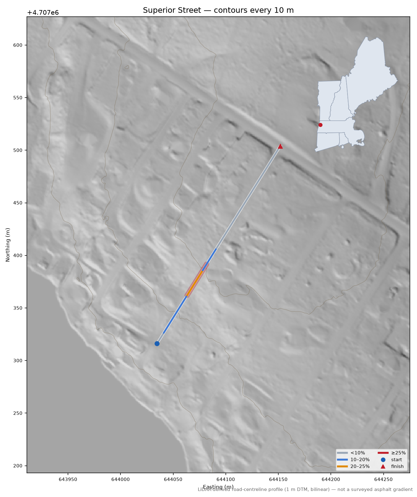Superior Street LiDAR hillshade map with contours