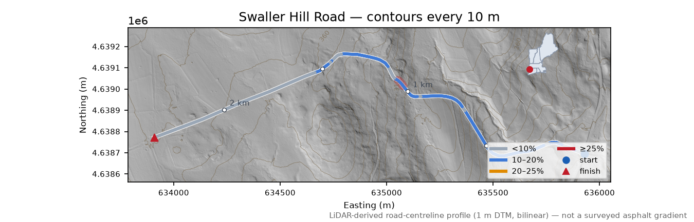 Swaller Hill Road LiDAR hillshade map with contours