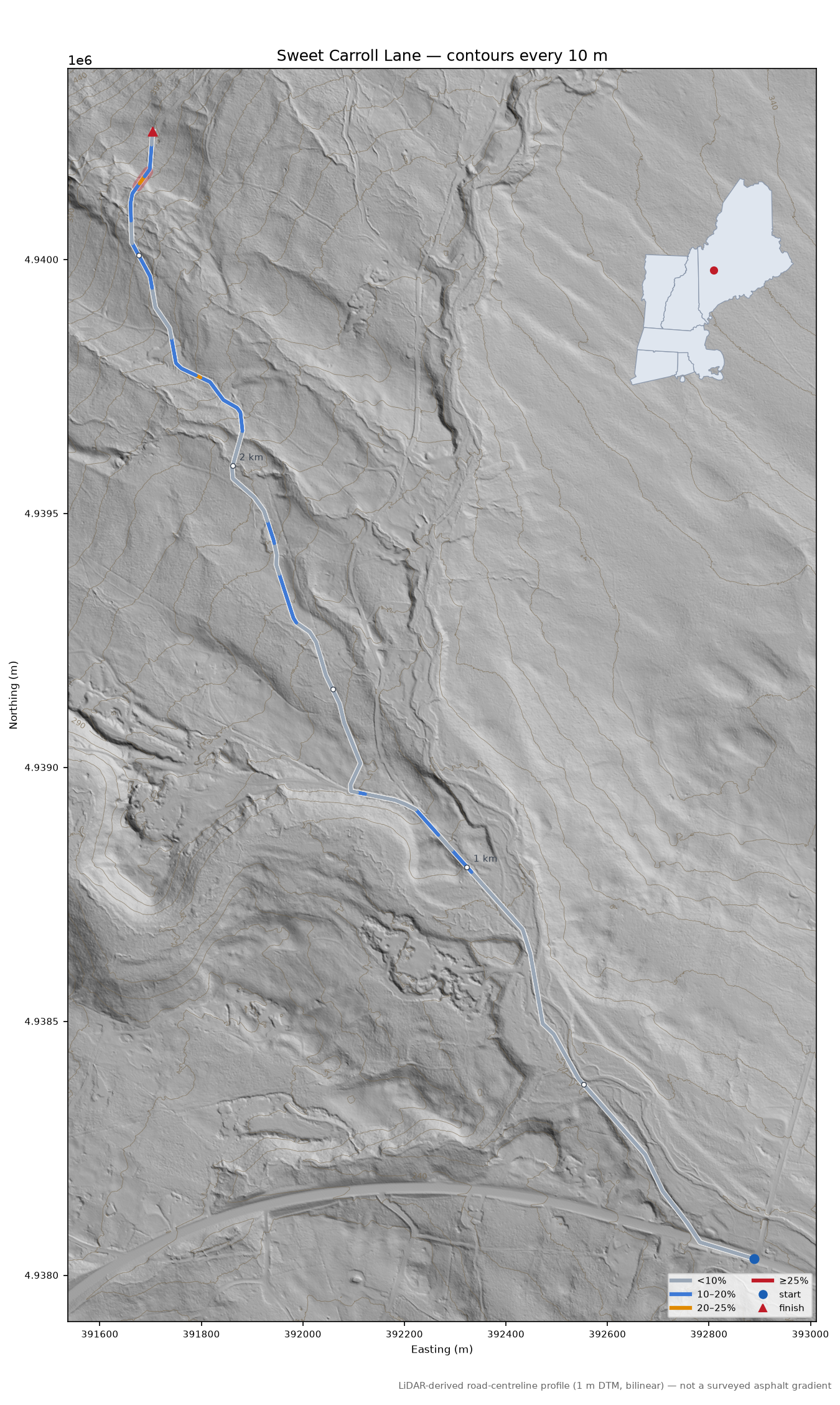 Sweet Carroll Lane LiDAR hillshade map with contours