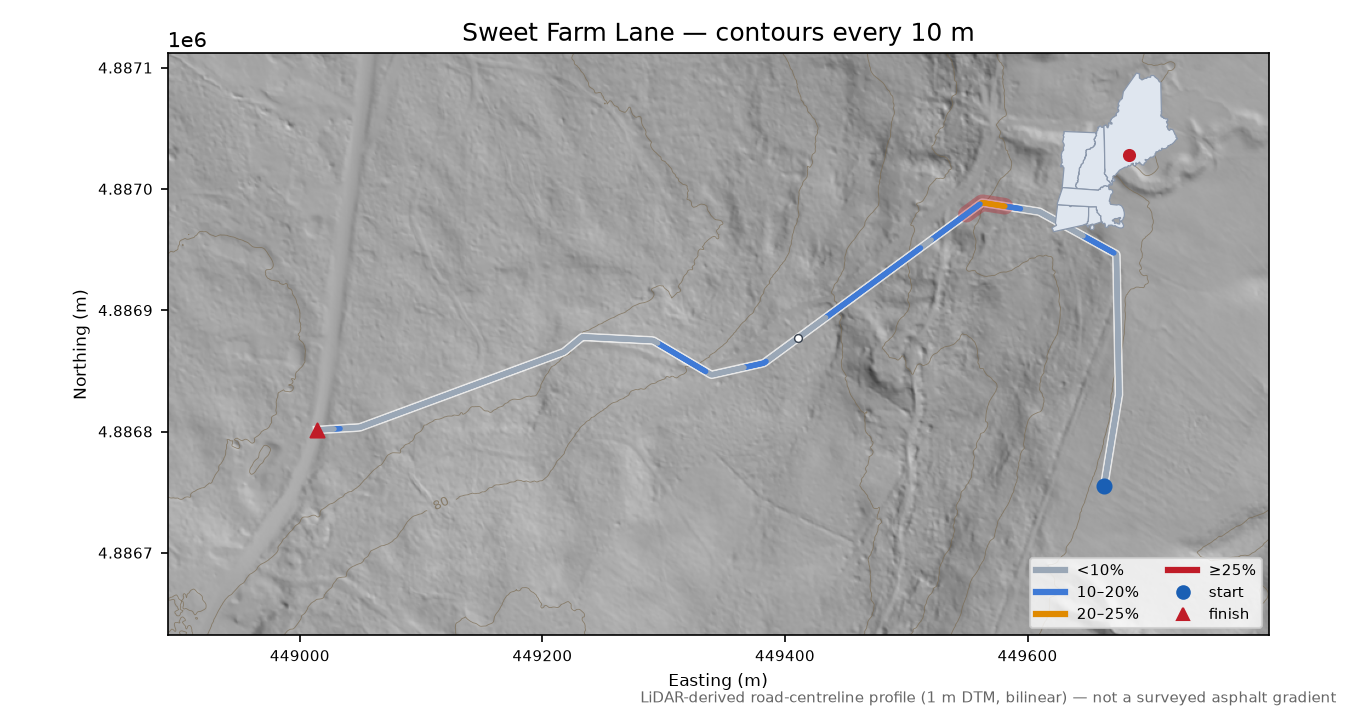 Sweet Farm Lane LiDAR hillshade map with contours