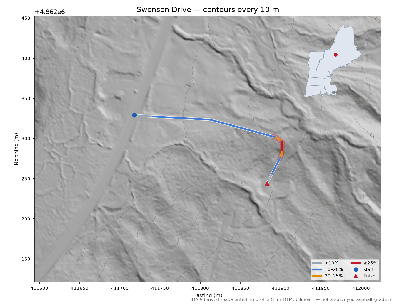 Swenson Drive LiDAR hillshade map with contours