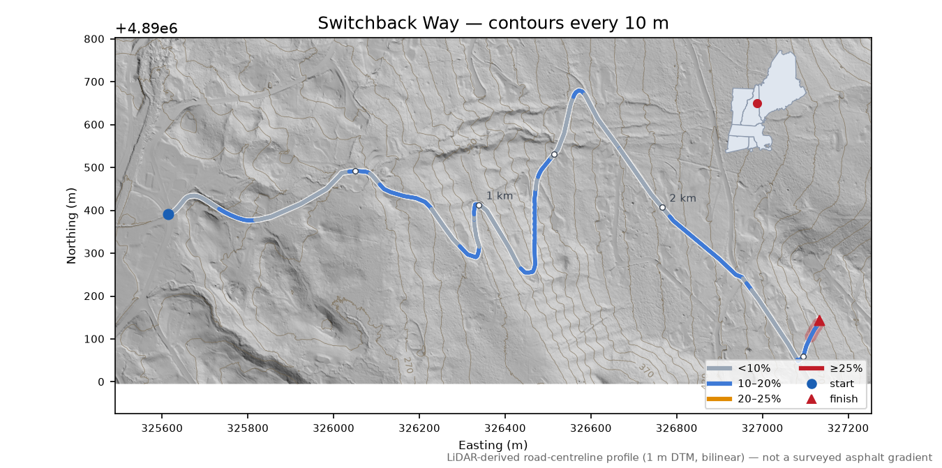 Switchback Way LiDAR hillshade map with contours